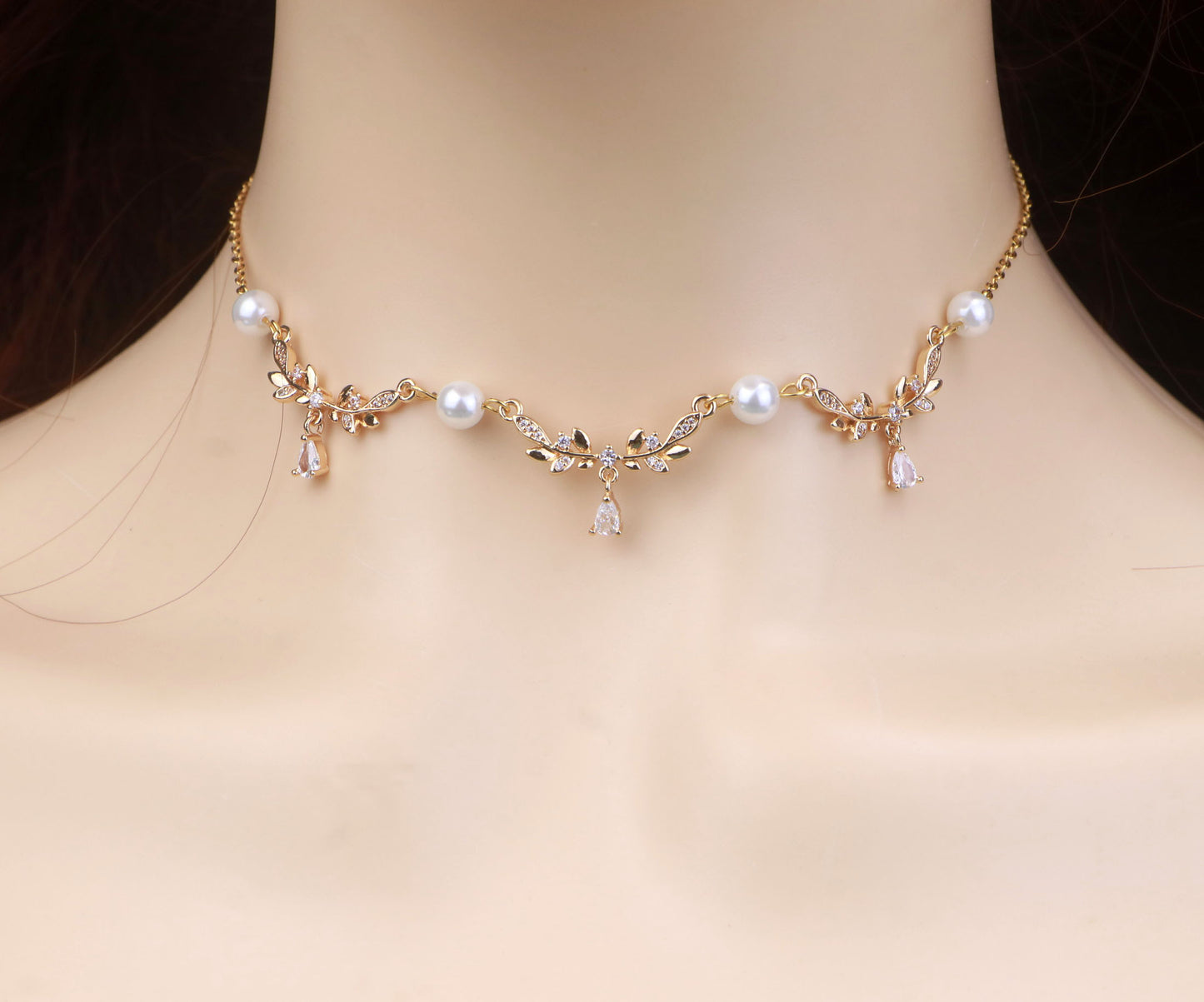 Silver Gold Leaf Pearl Fairy Choker Necklace,Olive Leaf Vine Necklace