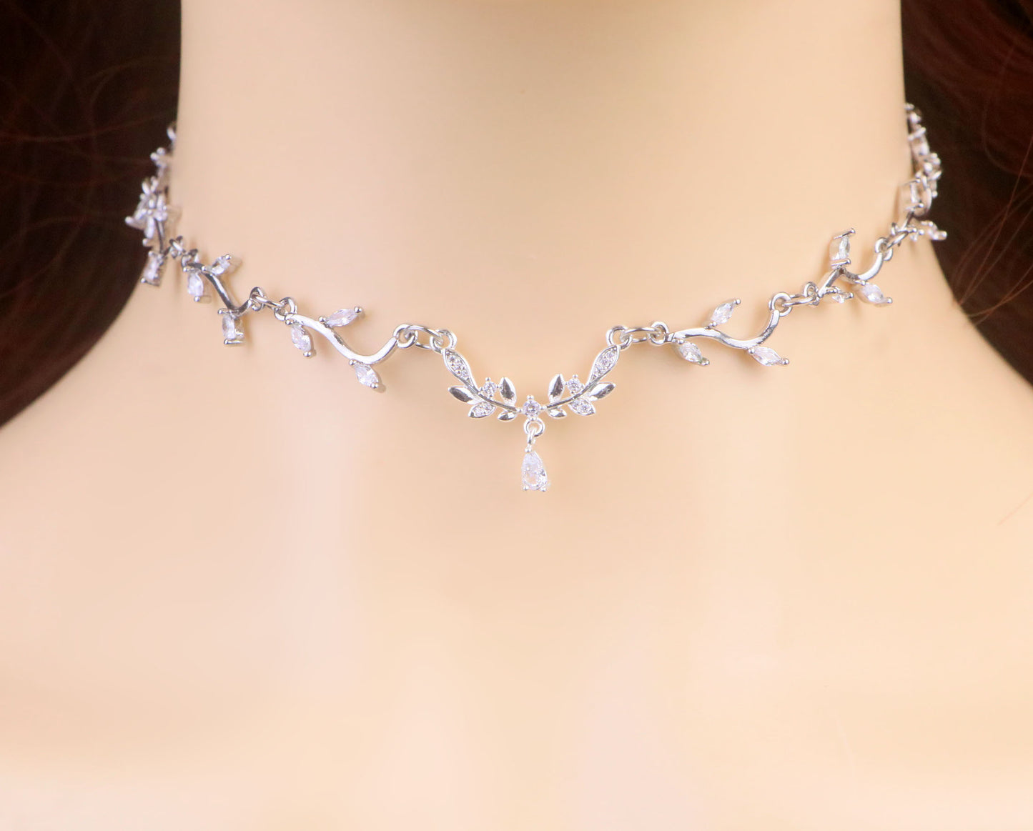 Gold Olive Leaf Vine Necklace, Diamond Leaf Flower Fairy Bridal Choker Necklace,Flower Teardrop Necklace