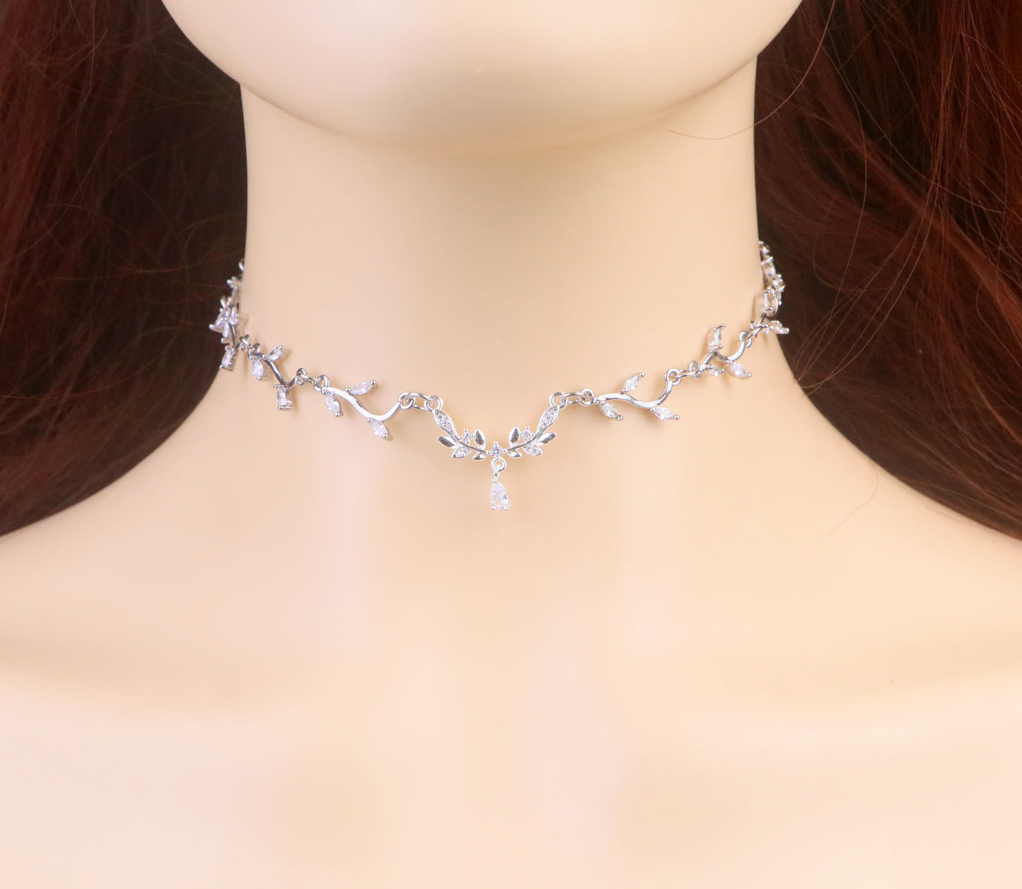 Gold Olive Leaf Vine Necklace, Diamond Leaf Flower Fairy Bridal Choker Necklace,Flower Teardrop Necklace