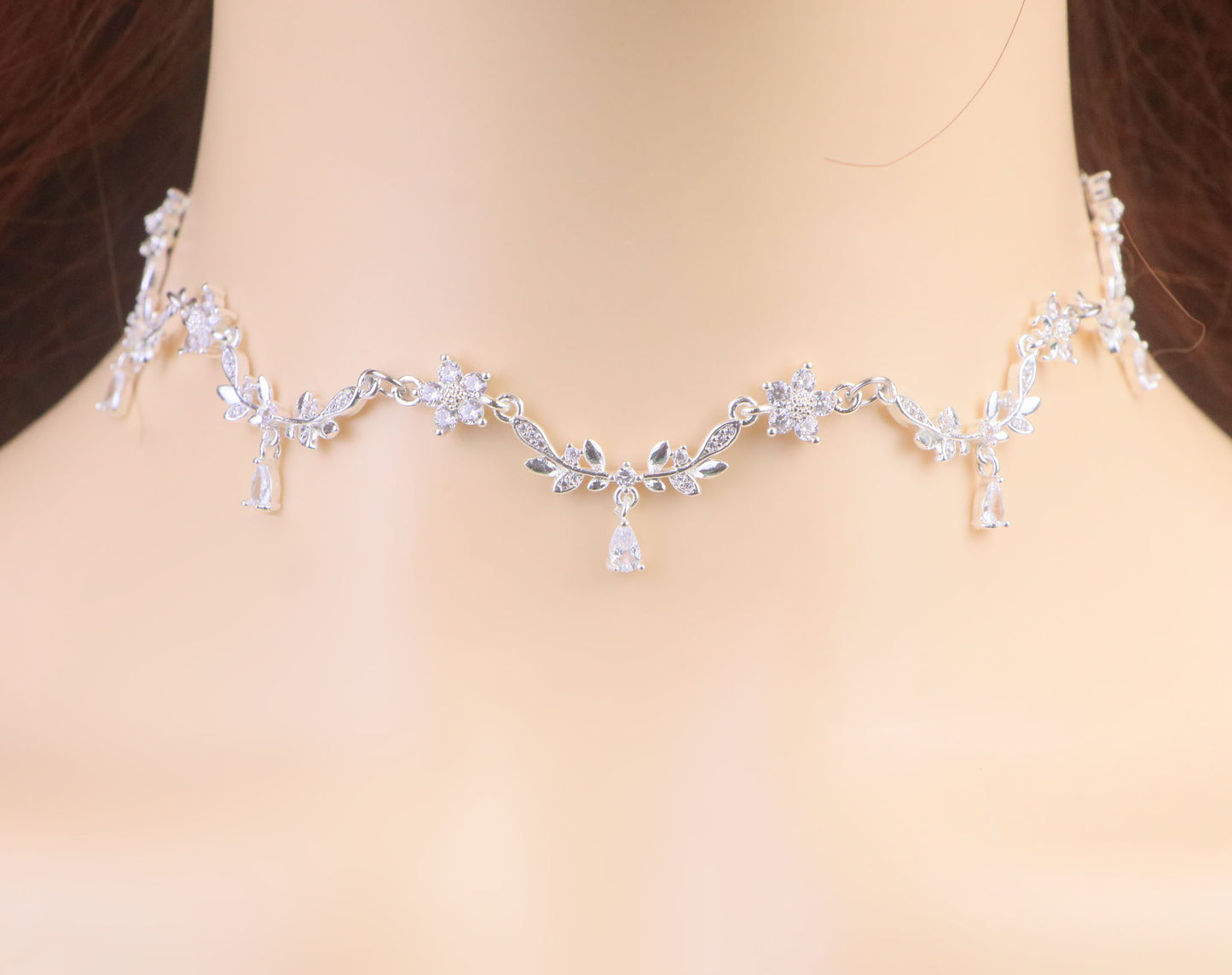 Silver Gold Olive Leaf Vine Necklace,White Diamond Leaf Flower Fairy Choker Necklace,Flower Regency bridal Necklace