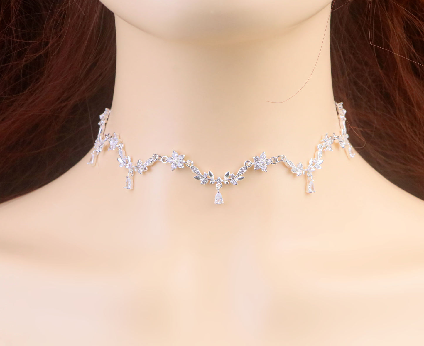 Silver Gold Olive Leaf Vine Necklace,White Diamond Leaf Flower Fairy Choker Necklace,Flower Regency bridal Necklace