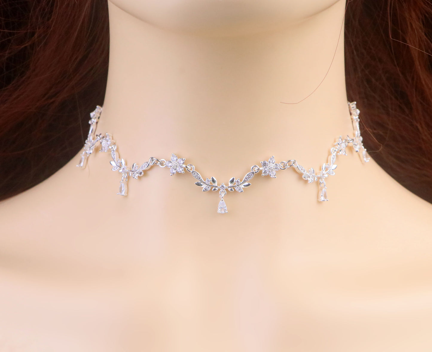 Silver Gold Olive Leaf Vine Necklace,White Diamond Leaf Flower Fairy Choker Necklace,Flower Regency bridal Necklace