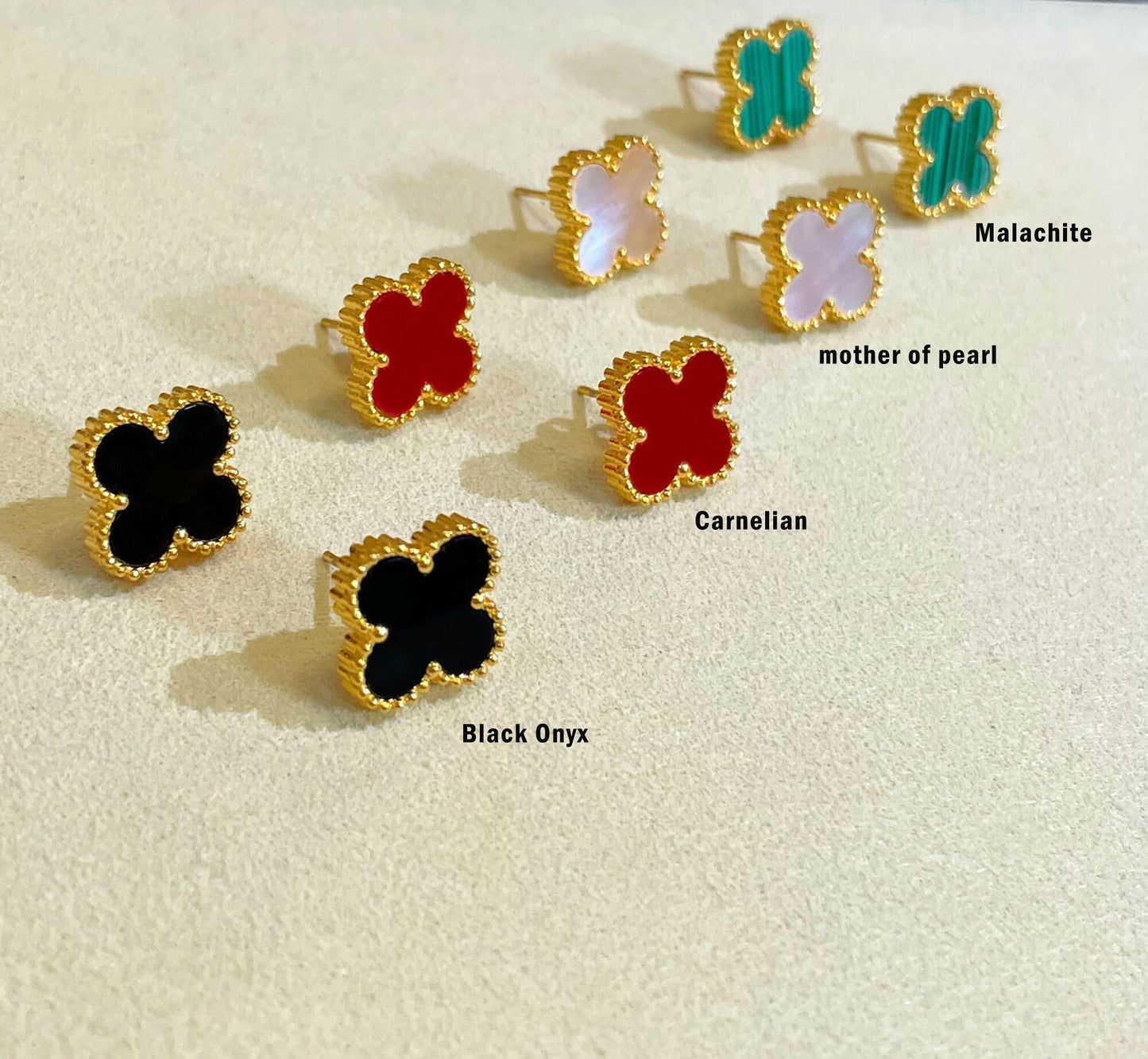 High Quality Clover Earrings,18k Gold Four Leaf Clover Stud Earrings,Flower Earrings, Natural Mother of pearl Earrings,Black Onyx Earrings