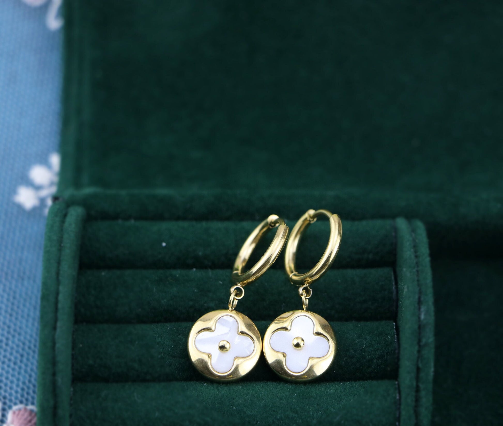 18k GoldMother of Pearl Clover Earrings,Four Leaf Clover Earrings