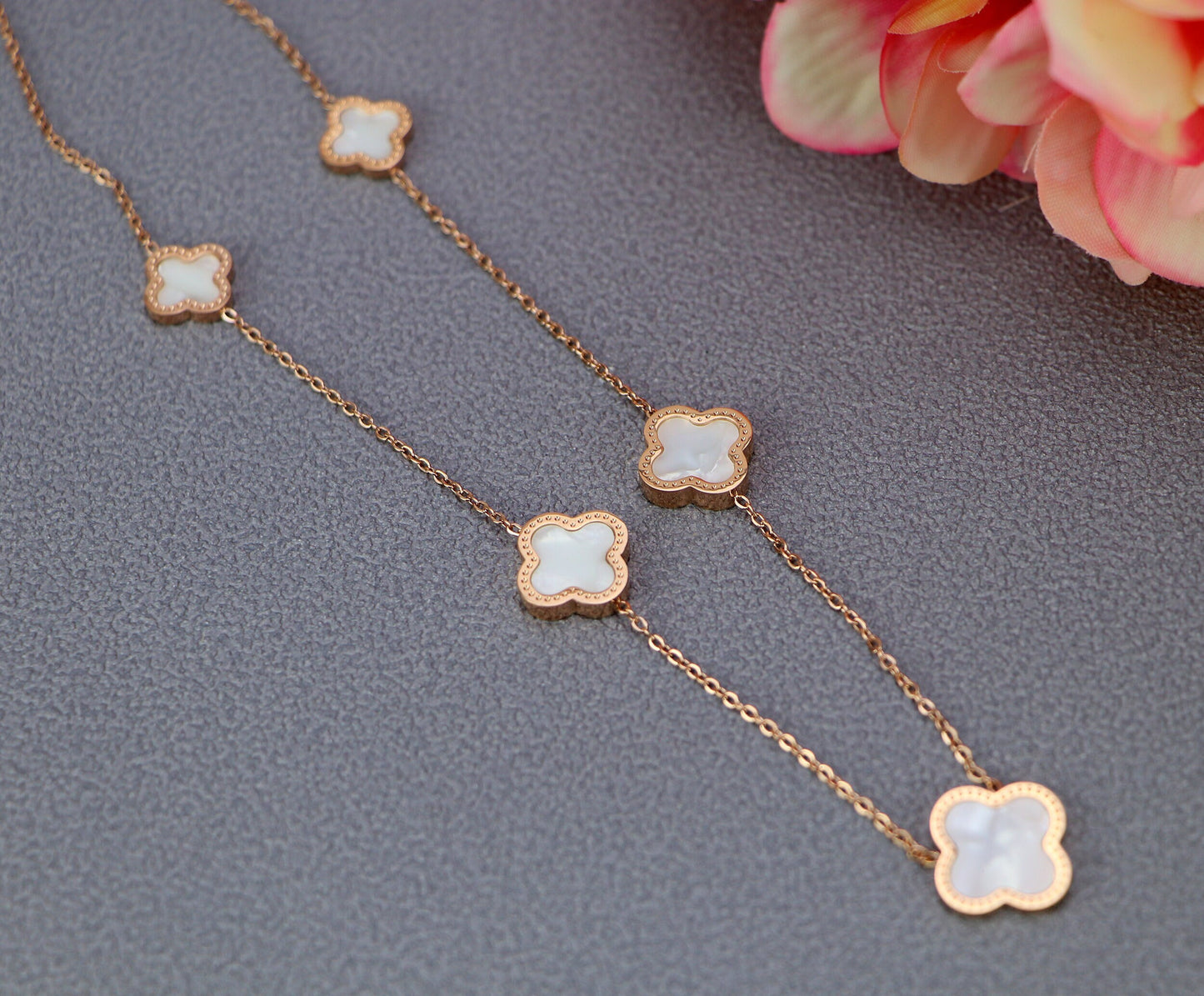 5 Motifs Clover Necklace-18k Rose Gold Four Leaf Clover Necklace,Mother Of Pearl Clover Necklace, Black Onyx Necklace