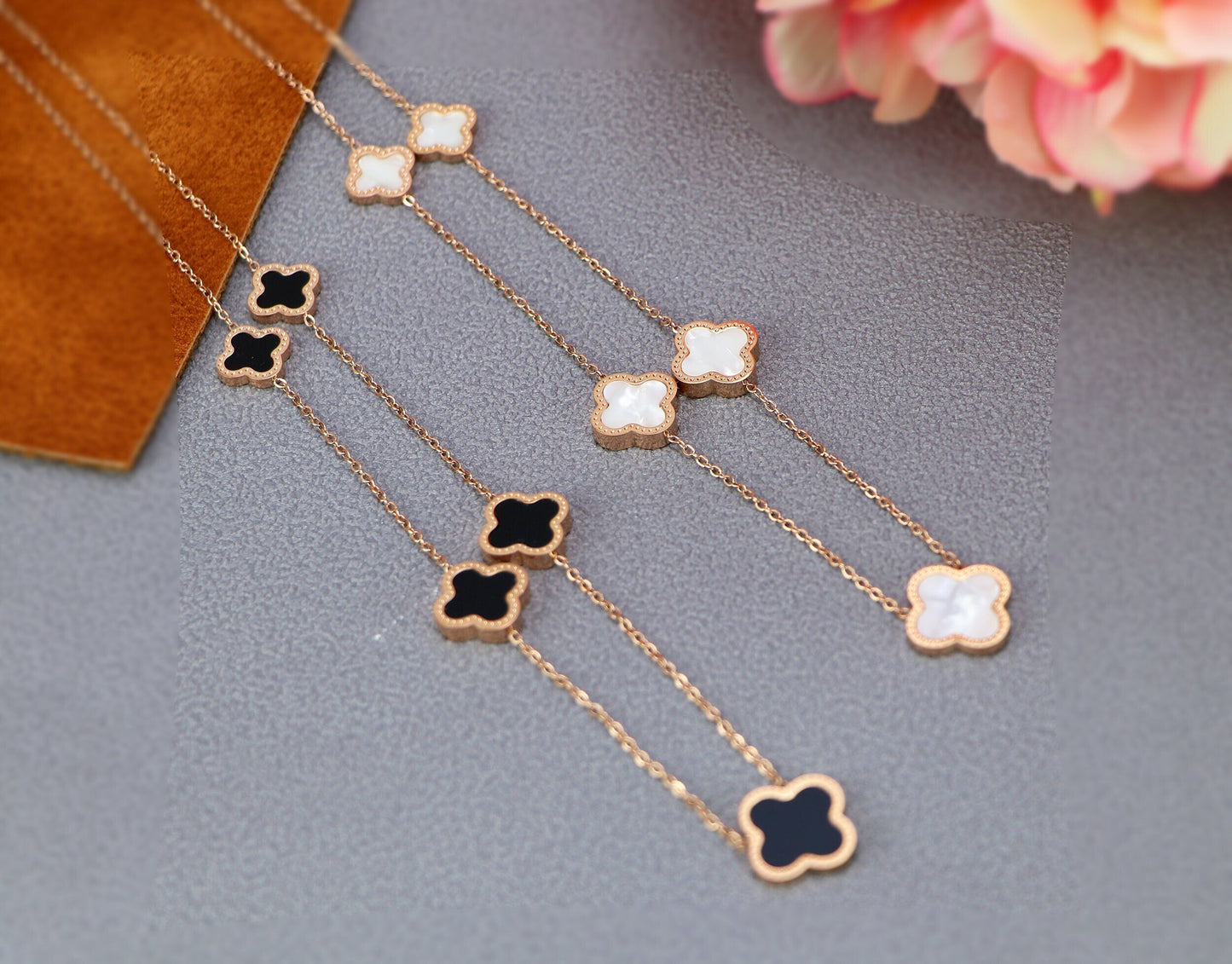 5 Motifs Clover Necklace-18k Rose Gold Four Leaf Clover Necklace,Mother Of Pearl Clover Necklace, Black Onyx Necklace