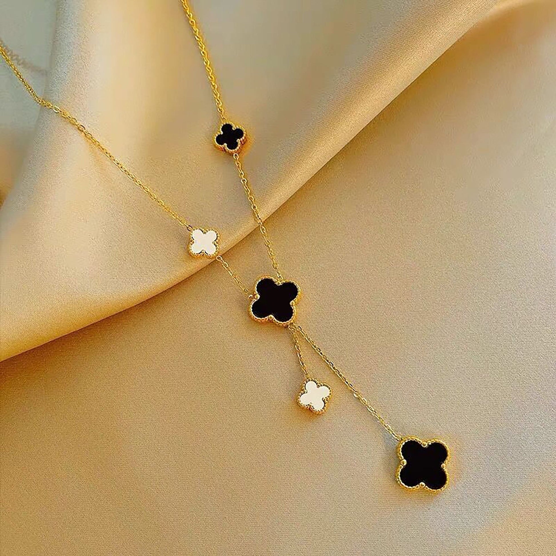 18K Yellow Gold Filled 5 Motifs Double Side Clover Necklace- Gold Four Leaf Clover Necklace,Mother Of Pearl Necklace, Black Clover Necklace