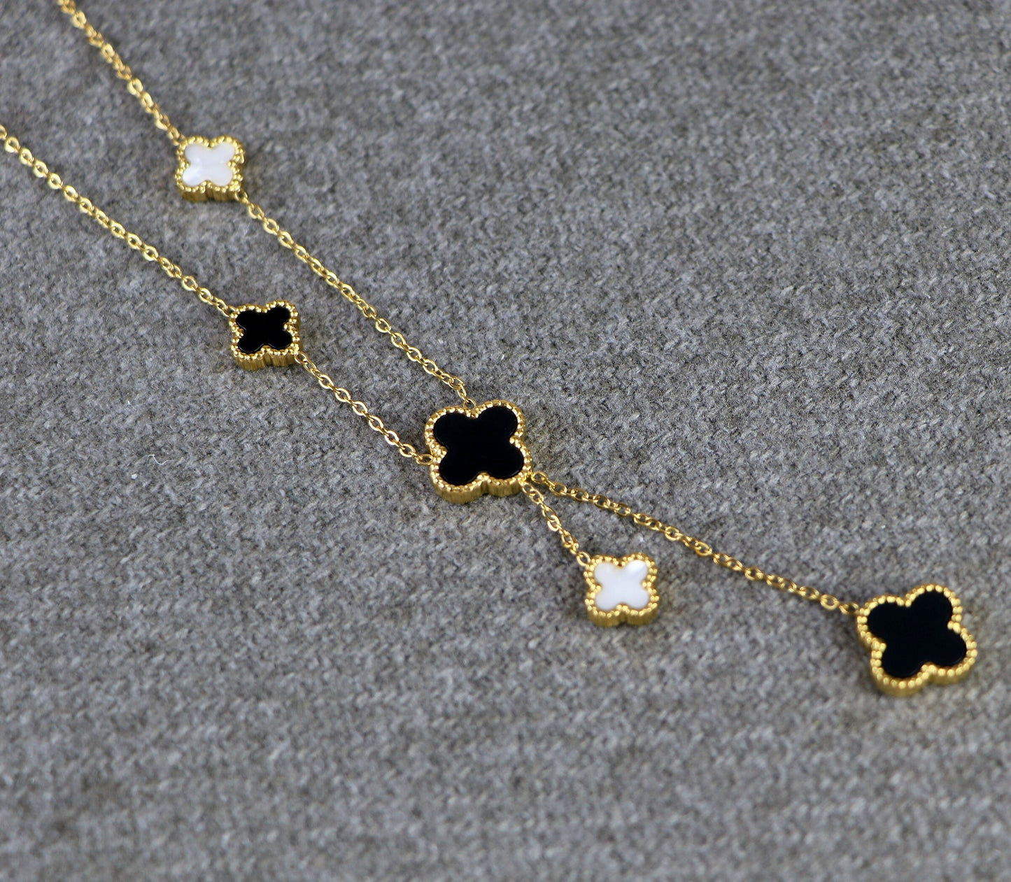 18K Yellow Gold Filled 5 Motifs Double Side Clover Necklace-,Gold Four Leaf Clover Necklace,Mother Of Pearl Necklace,Black Clover Necklace