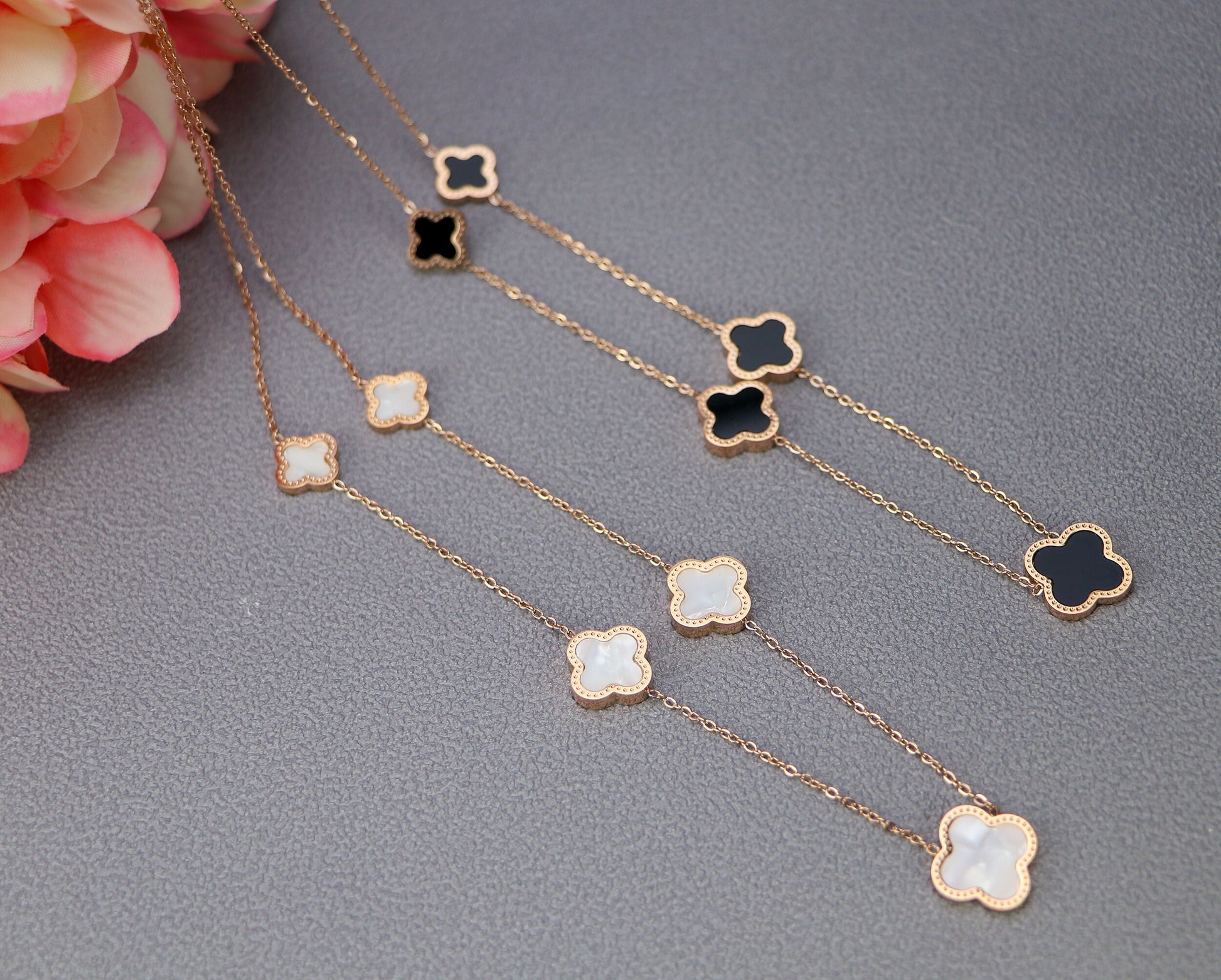 5 Motifs Clover Necklace-18k Rose Gold Four Leaf Clover Necklace,Mother Of Pearl Clover Necklace, Black Onyx Necklace