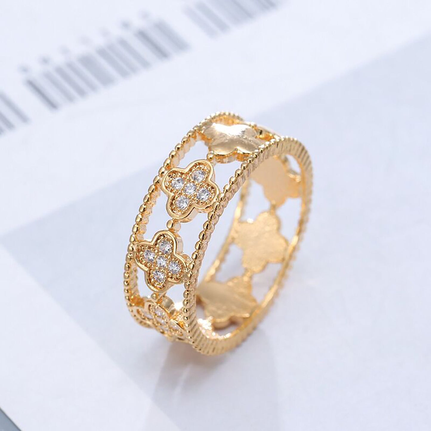 18K Gold Four Leaf Clover Ring,CZ Crystal Clove Rings