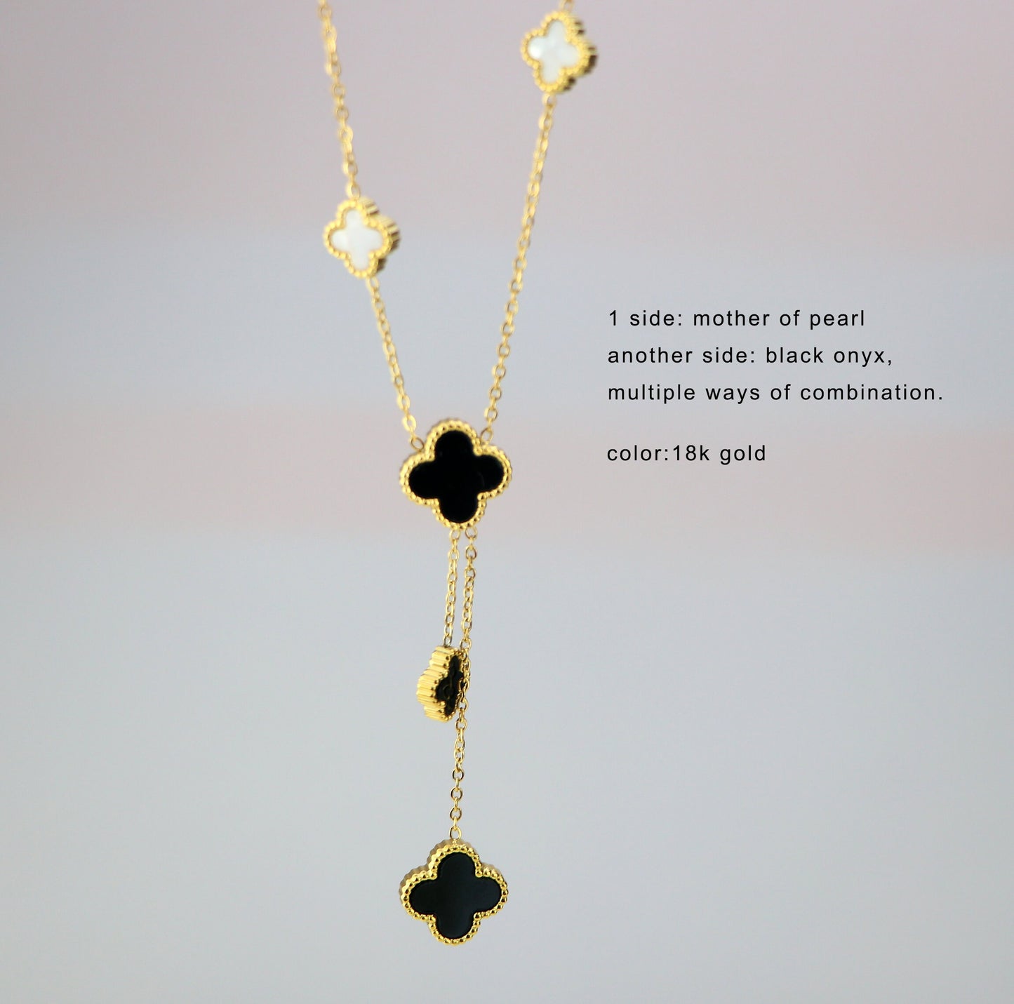 18K Yellow Gold Filled 5 Motifs Double Side Clover Necklace-,Gold Four Leaf Clover Necklace,Mother Of Pearl Necklace,Black Clover Necklace