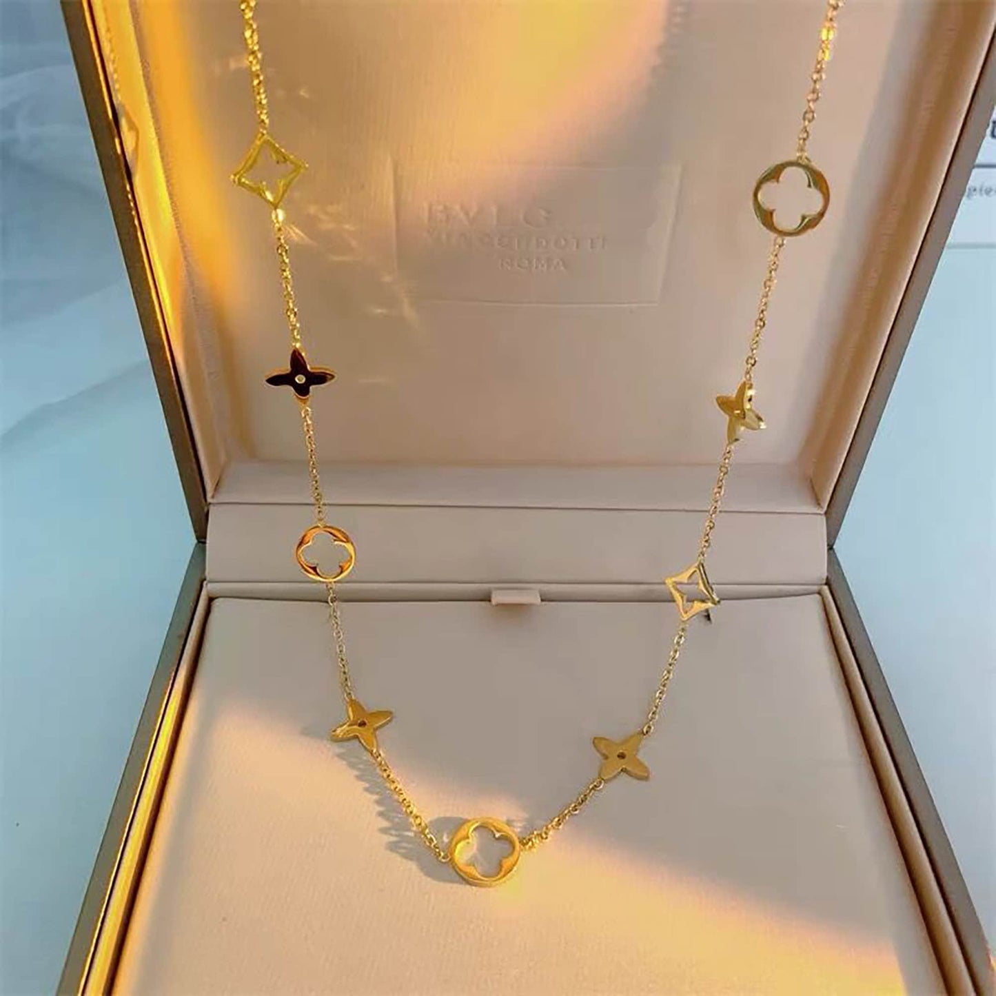 18K Yellow Gold Tarnish Free Four Leaf Clover Necklace and Bracelet set