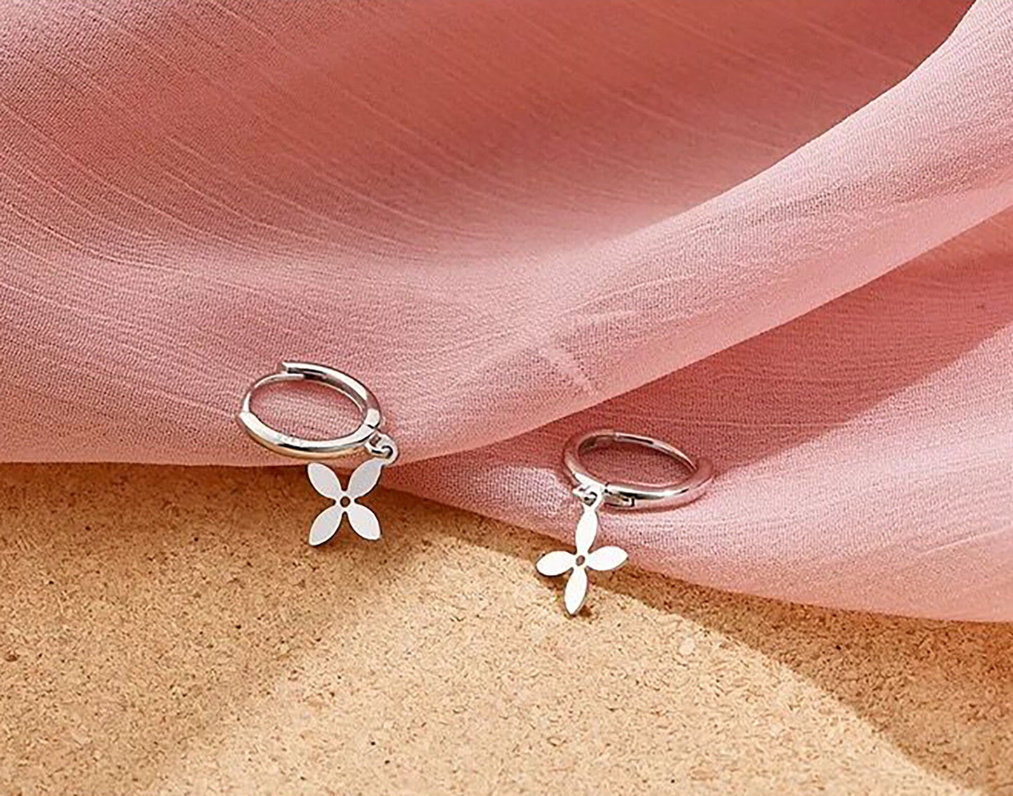 925 Sterling Silver Clover Flower Hoop Earrings