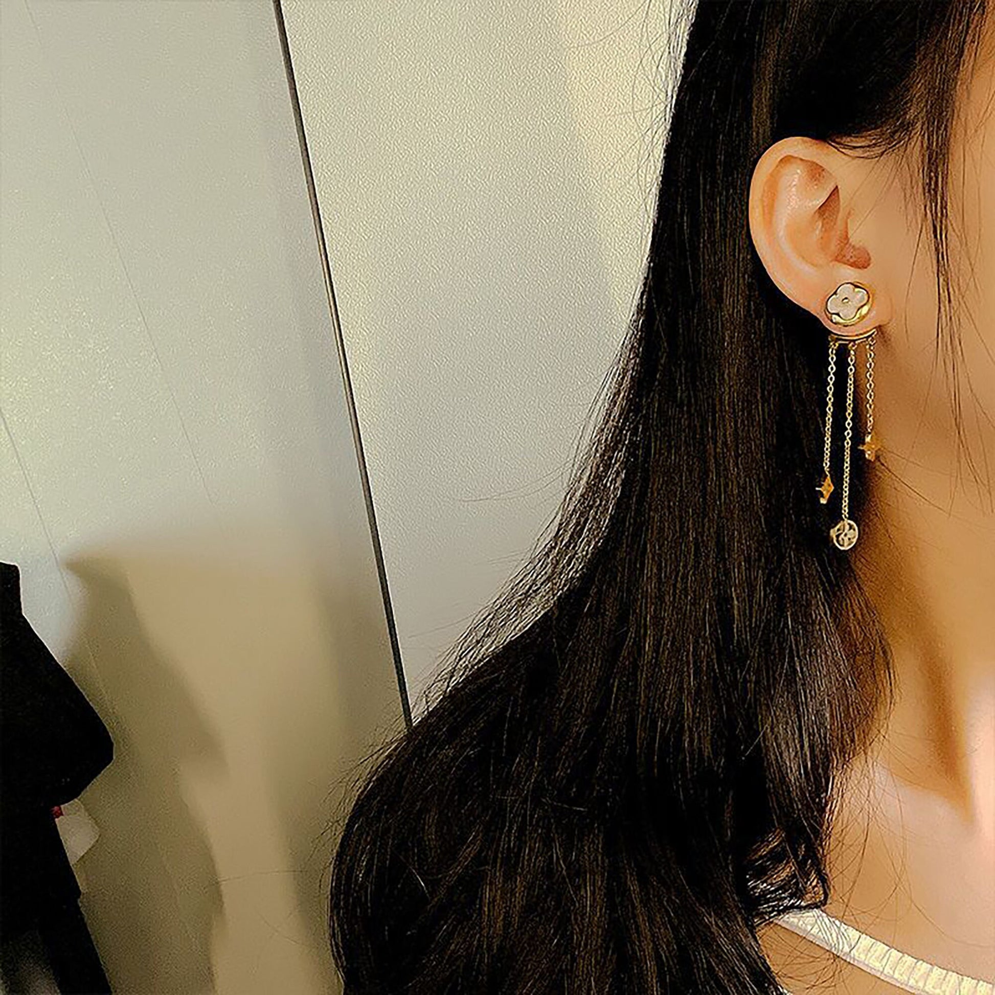 18K Gold Four Leaf Clover Ear Jackets Earrings,Mother of pearl Earrings,Clover Dangle Earrings