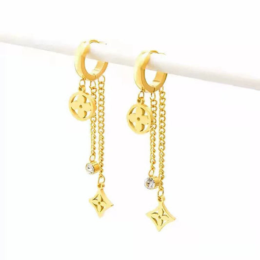 18K Gold Clover Hoop Earrings,Clover Dangle Earrings,Four Leaf Clover Earrings