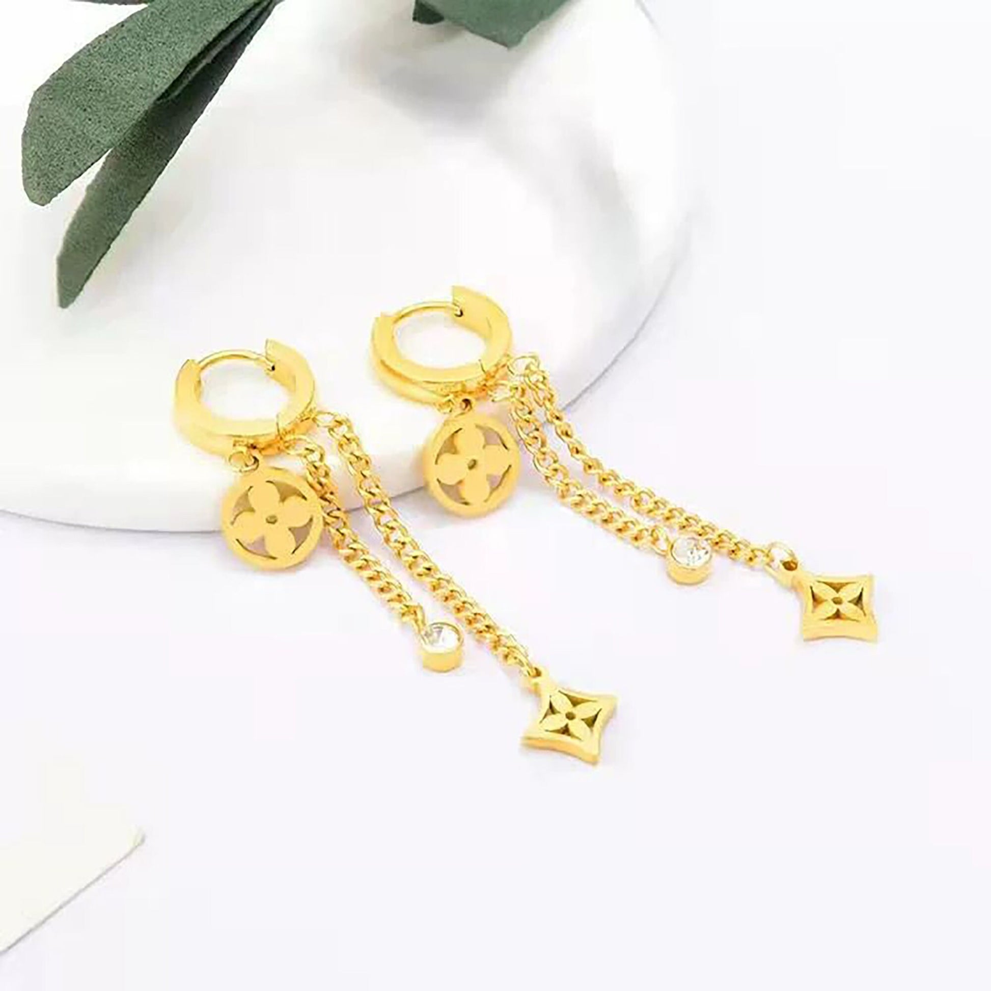 18K Gold Clover Hoop Earrings,Clover Dangle Earrings,Four Leaf Clover Earrings