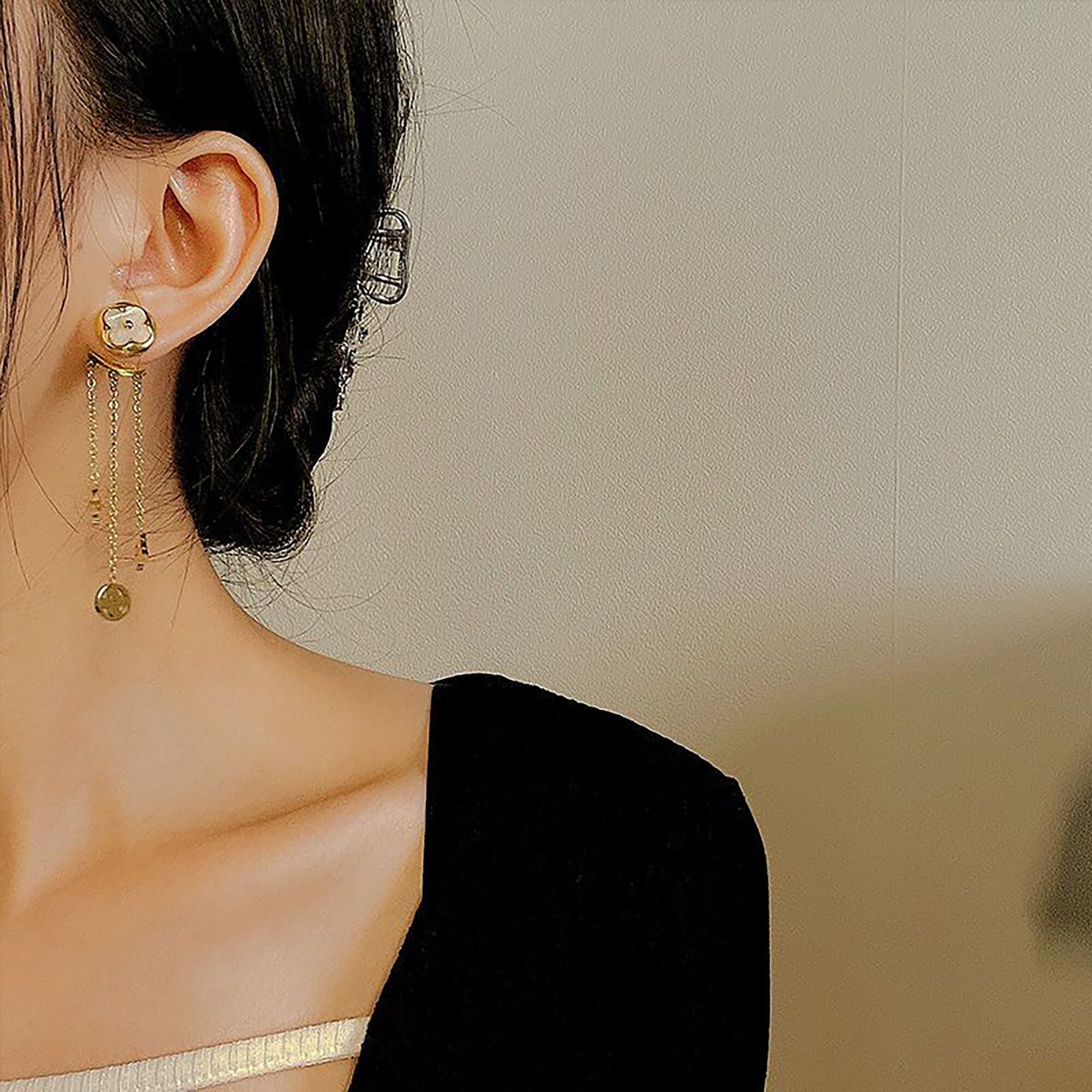 18K Gold Four Leaf Clover Ear Jackets Earrings,Mother of pearl Earrings,Clover Dangle Earrings