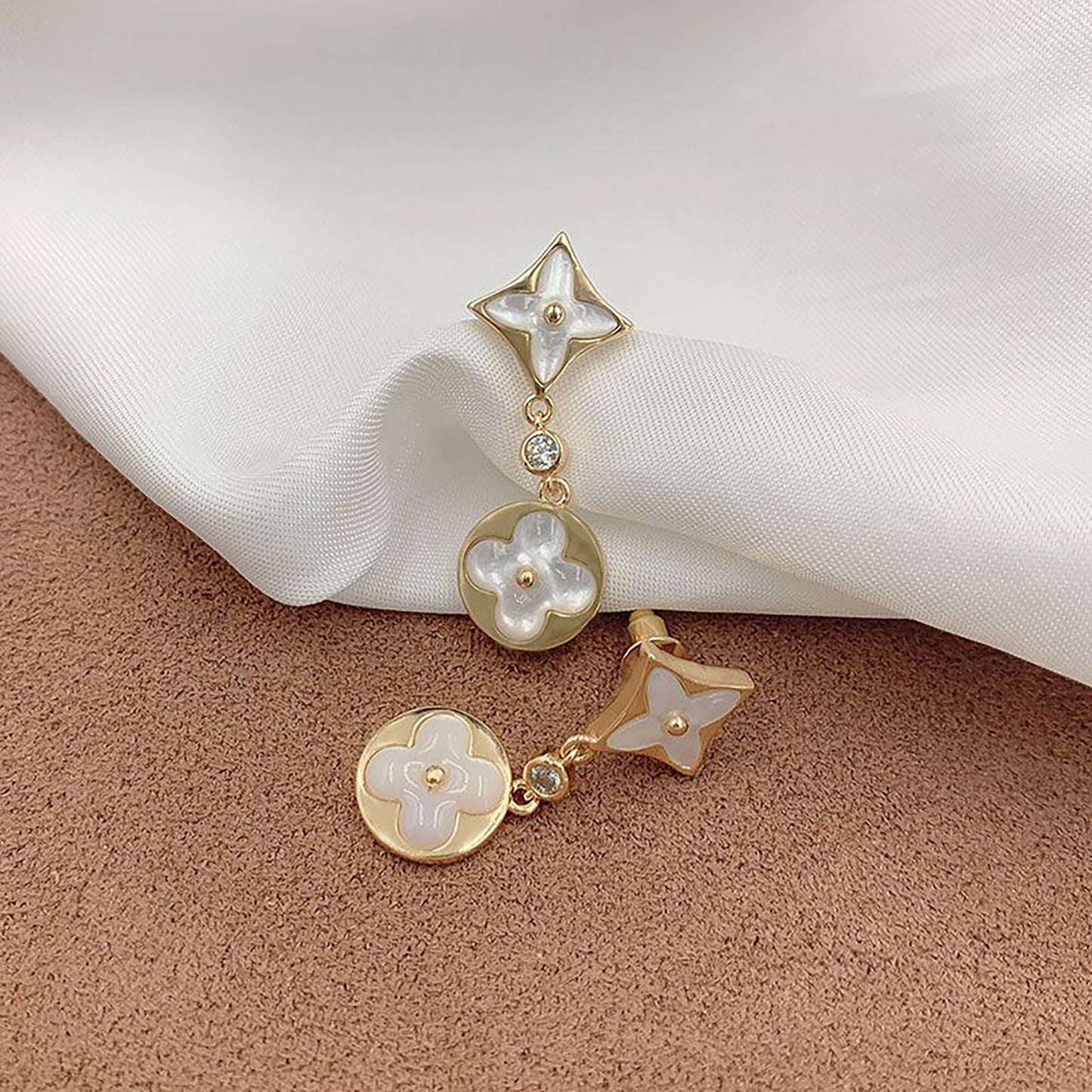 18K Gold Filled Double Mother Of Pearl Clover Dangle Earrings, 2 Motifs Four Leaf Clover Dangle Earrings