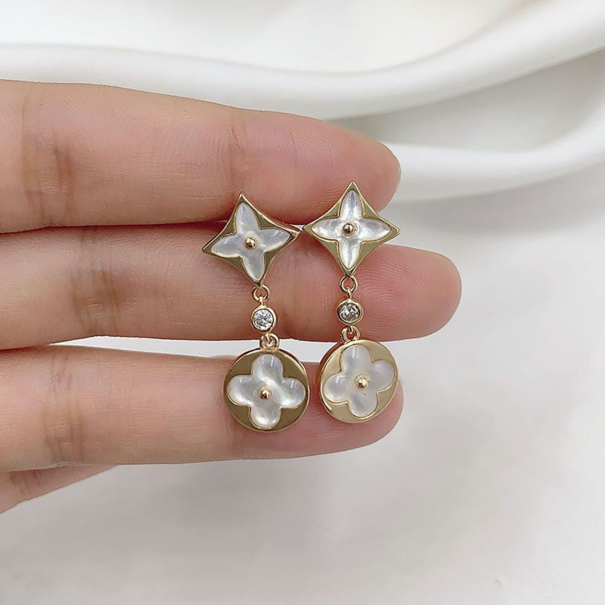 18K Gold Filled Double Mother Of Pearl Clover Dangle Earrings, 2 Motifs Four Leaf Clover Dangle Earrings