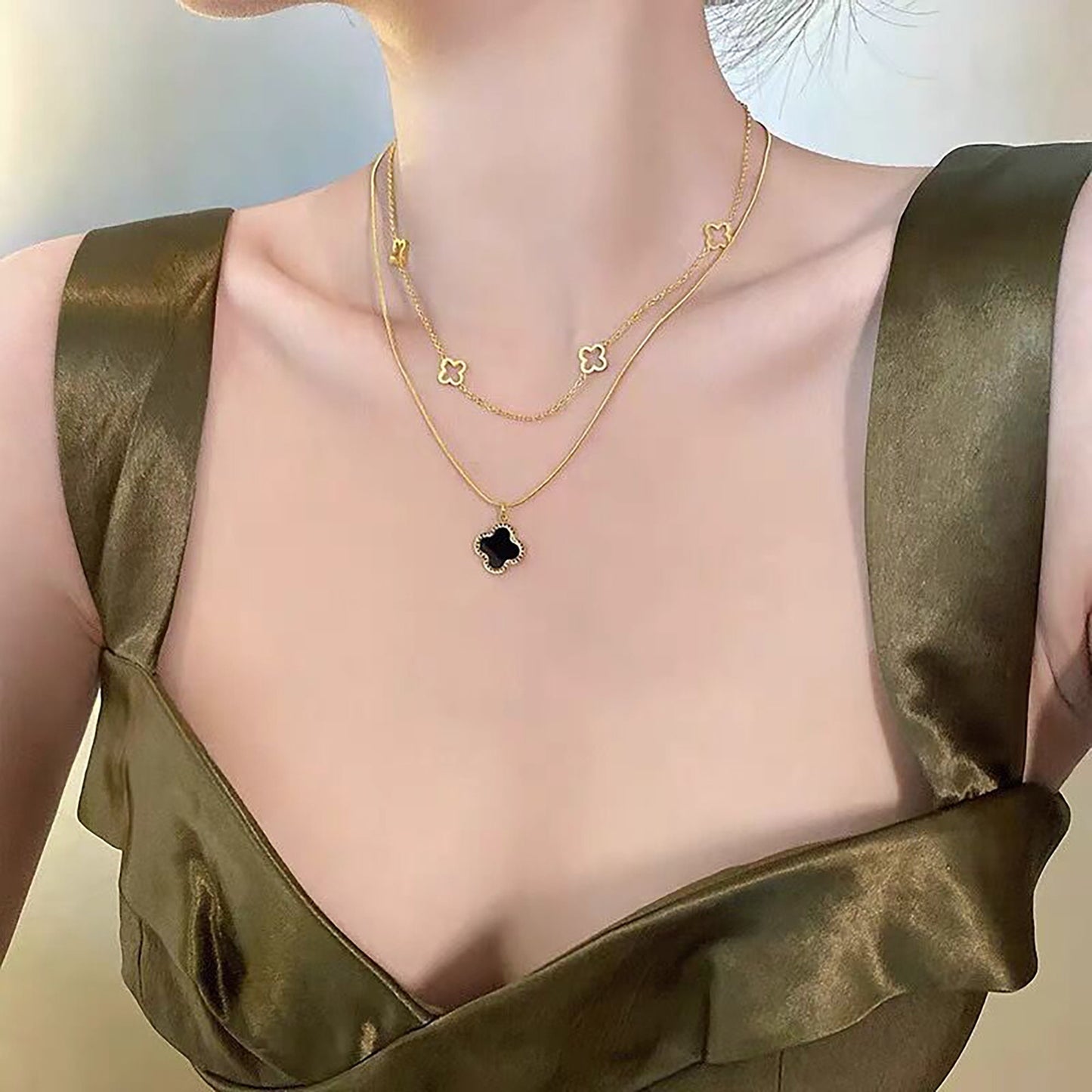 18K Gold Double Layer Clover Necklace,Gold Black Four Leaf Clover Necklace