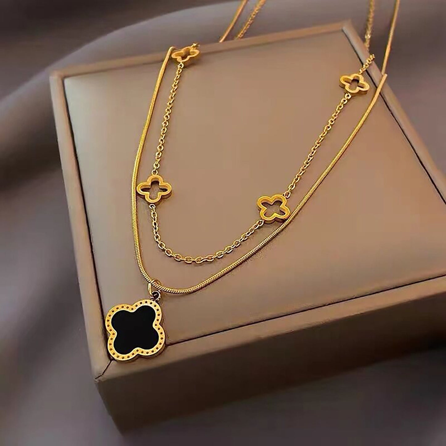 18K Gold Double Layer Clover Necklace,Gold Black Four Leaf Clover Necklace