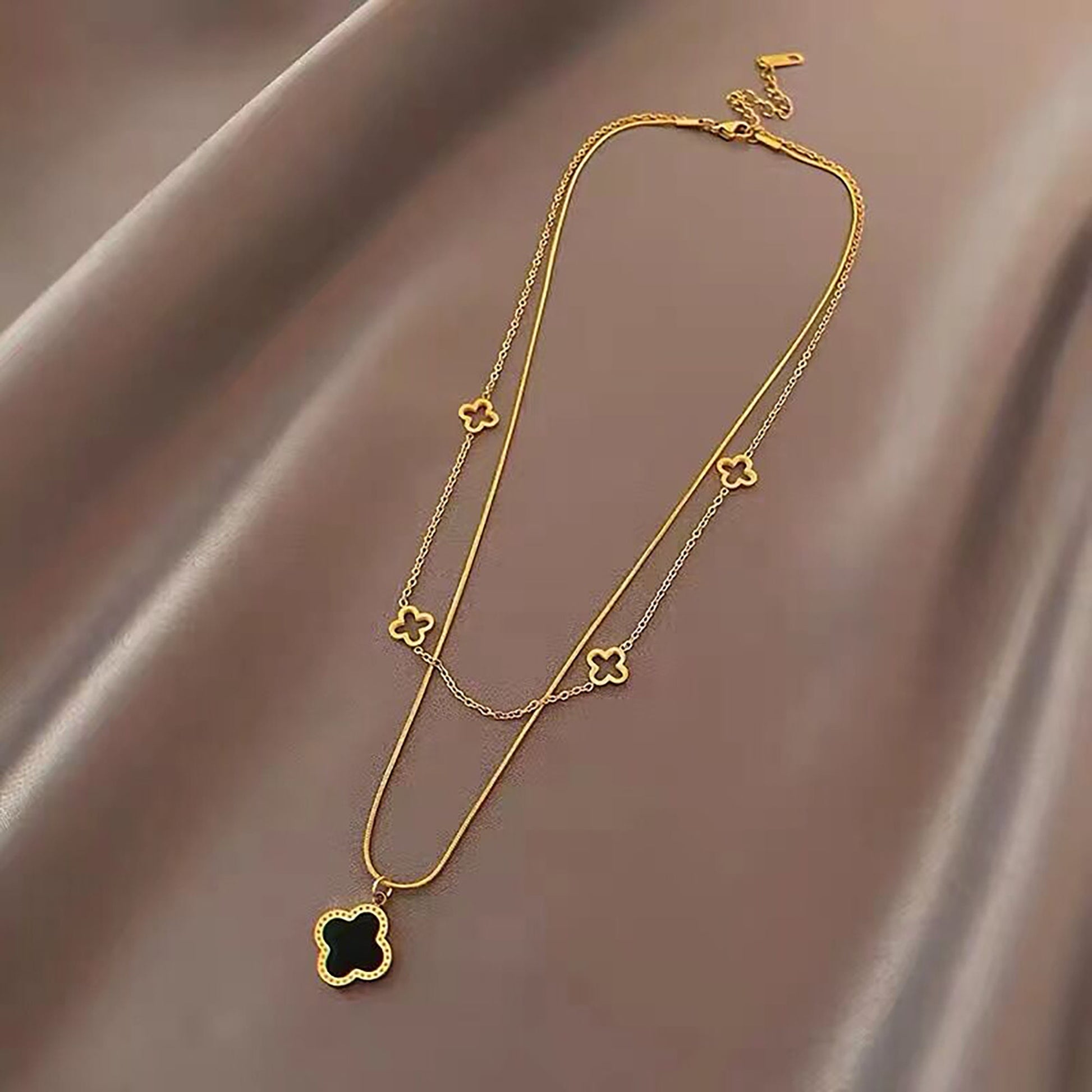 18K Gold Double Layer Clover Necklace,Gold Black Four Leaf Clover Necklace