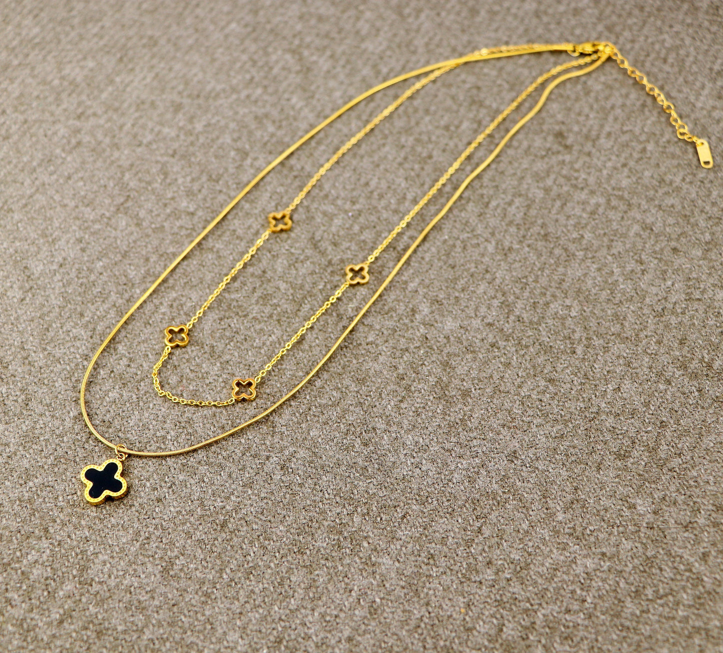 18K Gold Double Layer Clover Necklace,Gold Black Four Leaf Clover Necklace