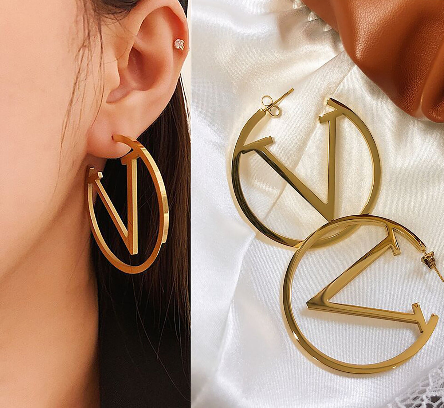 18K Gold Stainless Steel V Shape Earrings,V Hoop Earrings, V Letter Earrings, Large Statement Hoop Earring