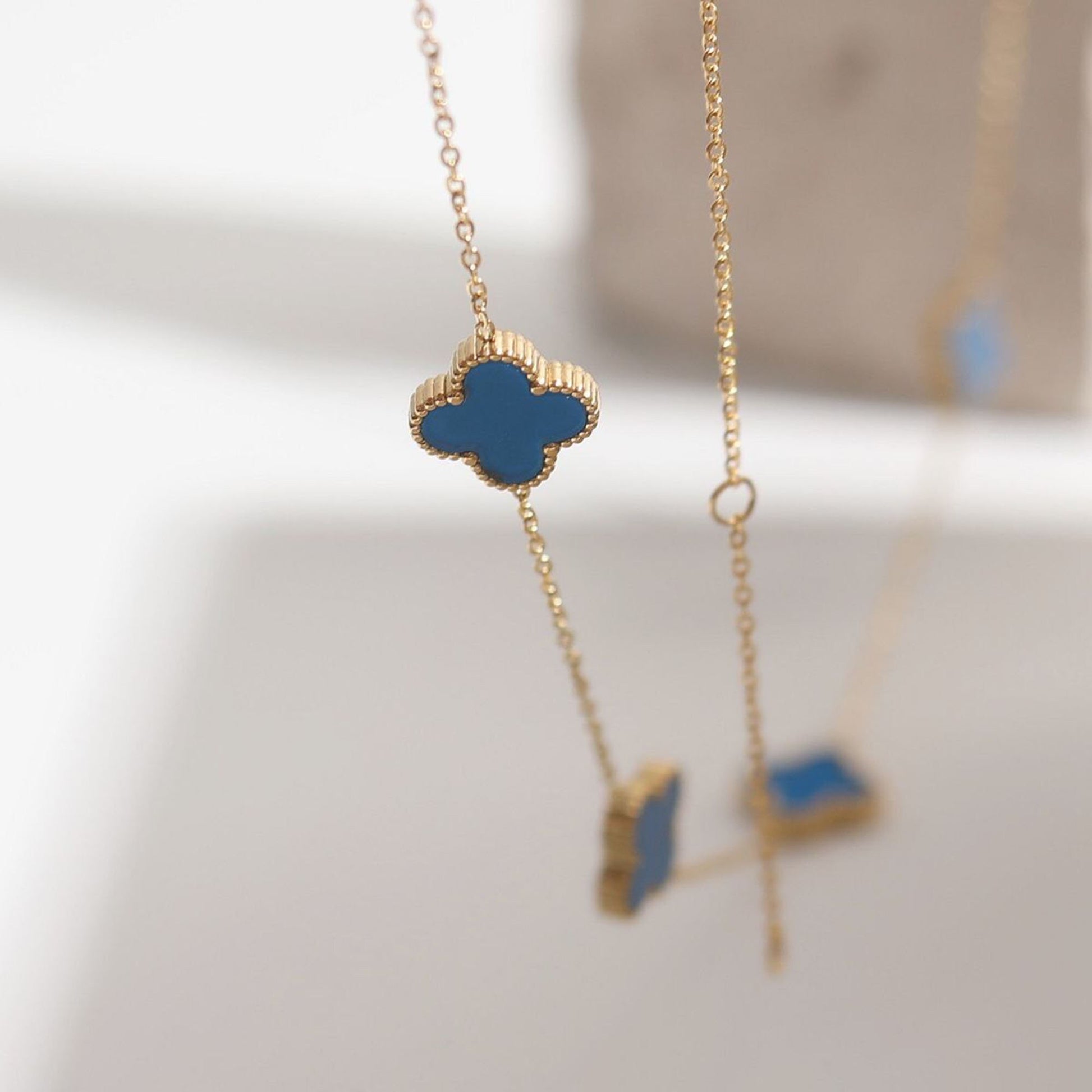 18K Gold Four Leaf Clover Necklace, Blue Turquoise Clovcer Necklace,Mother Of Pearl Clover Necklace, Black Onyx Necklace