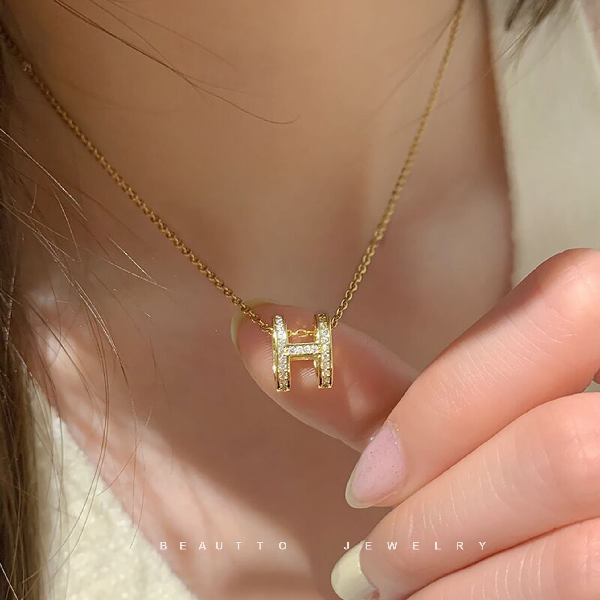 Dainty 14K Gold Vermeil CZ H Pendant Necklace,Sterling Silver H Iinitial Necklace,Dainty H Letter Necklace