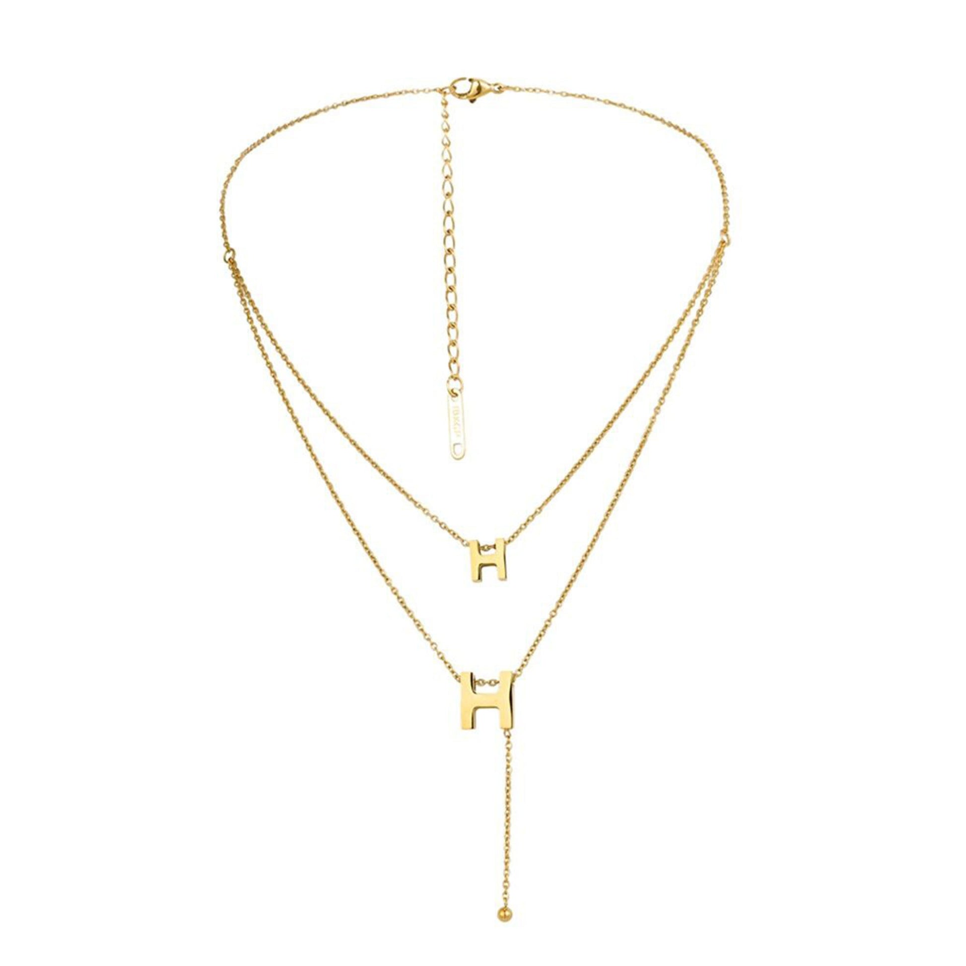 Dainty 18K Gold Tarnish Free Double Layer H Necklace,Stainless Steel Double Layer Chain Necklace