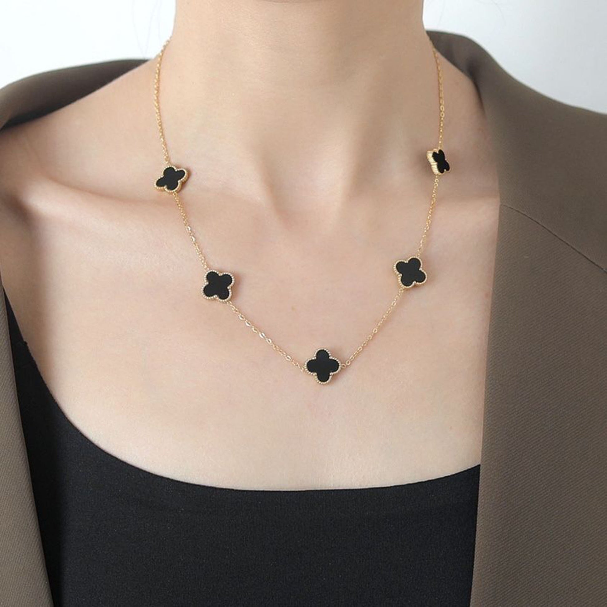 18K Gold Four Leaf Clover Necklace, Blue Turquoise Clovcer Necklace,Mother Of Pearl Clover Necklace, Black Onyx Necklace