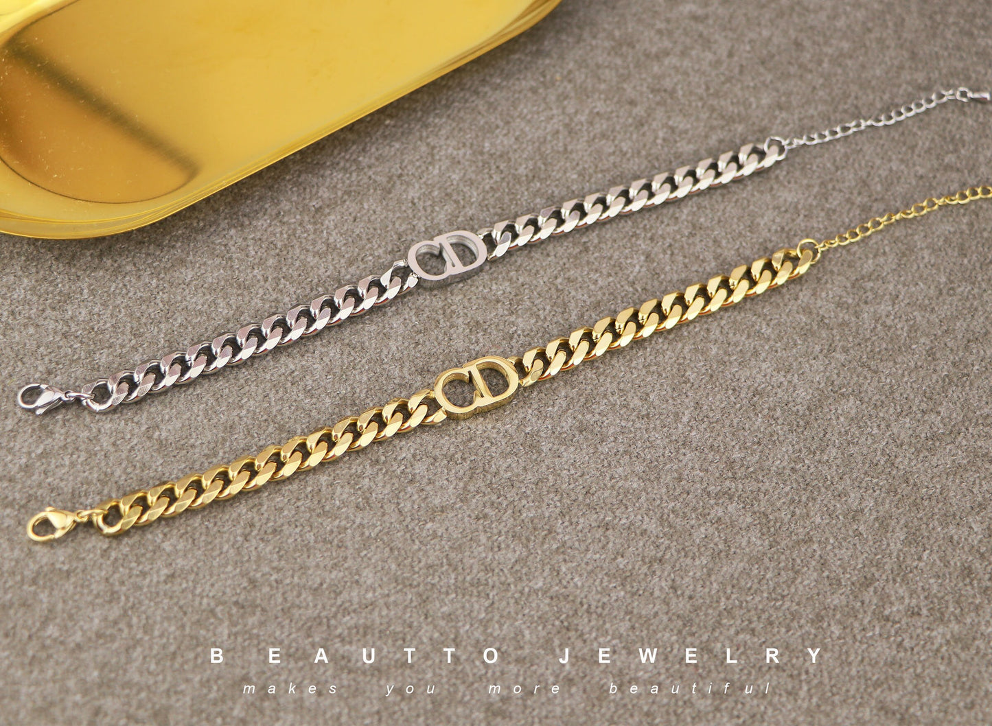 18K Gold Filled Tarnish Free CD Thick Curb Link Chain Bracelet,CD Chunky Choker Necklace,CD Jewelry Set