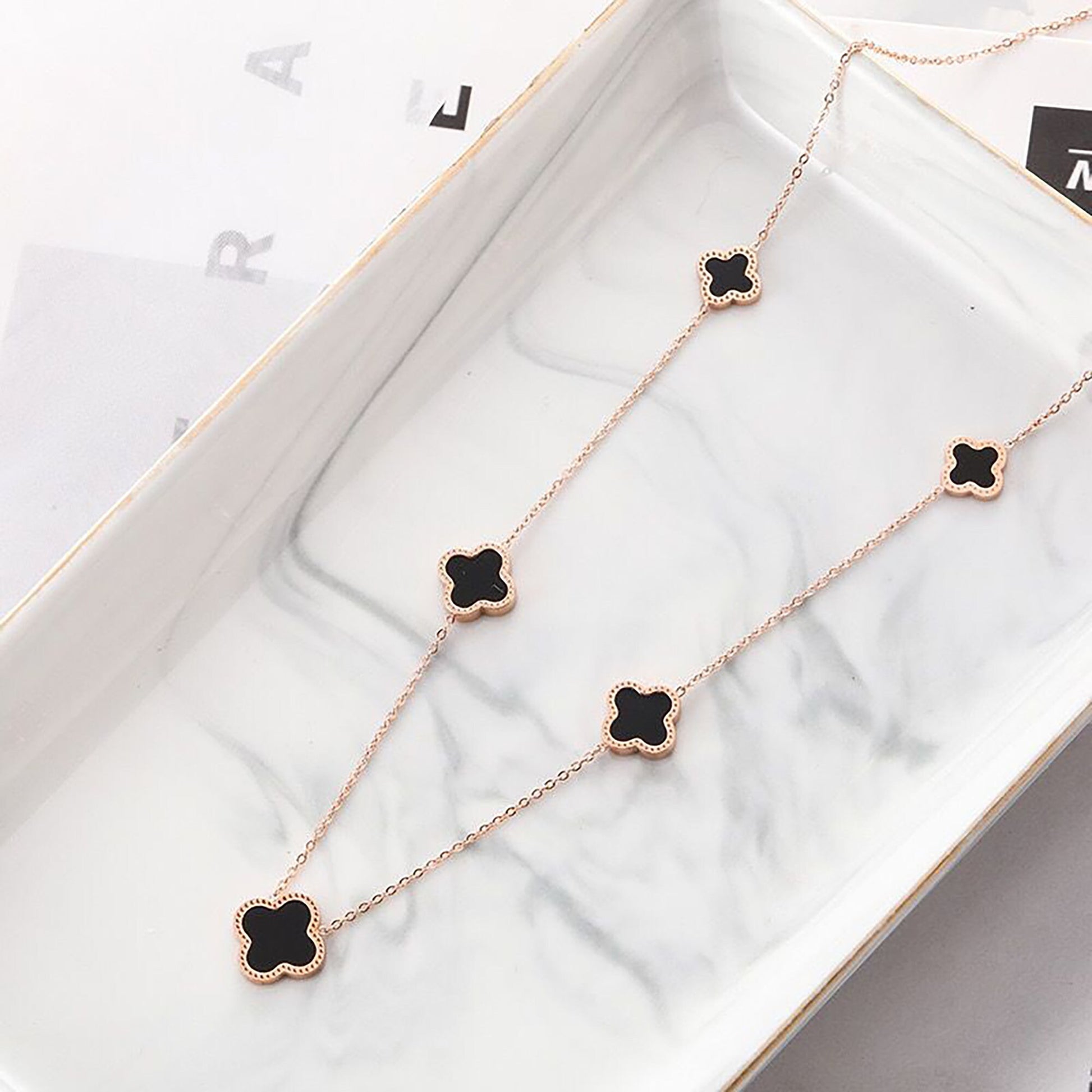 5 Motifs Clover Necklace-18k Rose Gold Four Leaf Clover Necklace,Mother Of Pearl Clover Necklace, Black Onyx Necklace