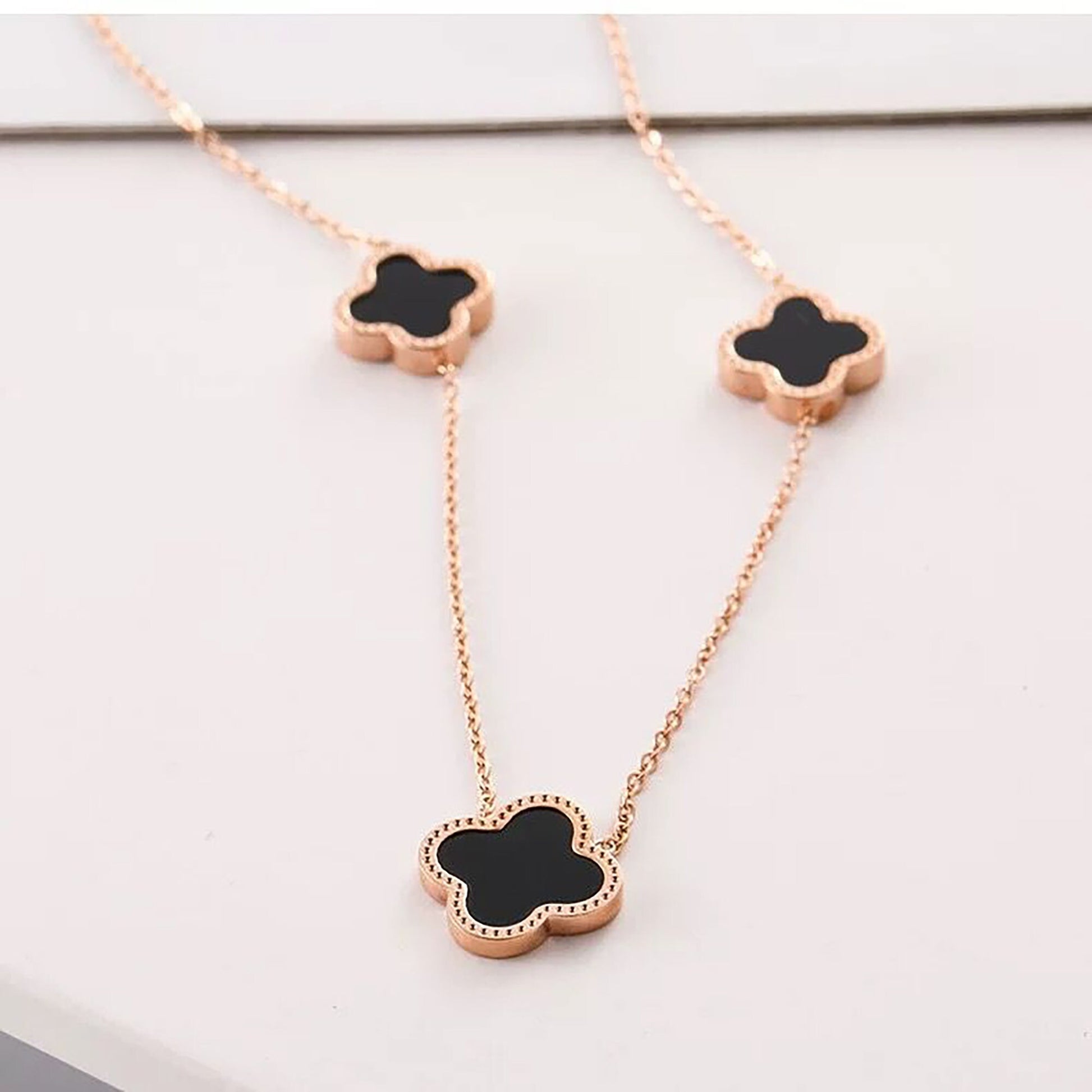 5 Motifs Clover Necklace-18k Rose Gold Four Leaf Clover Necklace,Mother Of Pearl Clover Necklace, Black Onyx Necklace