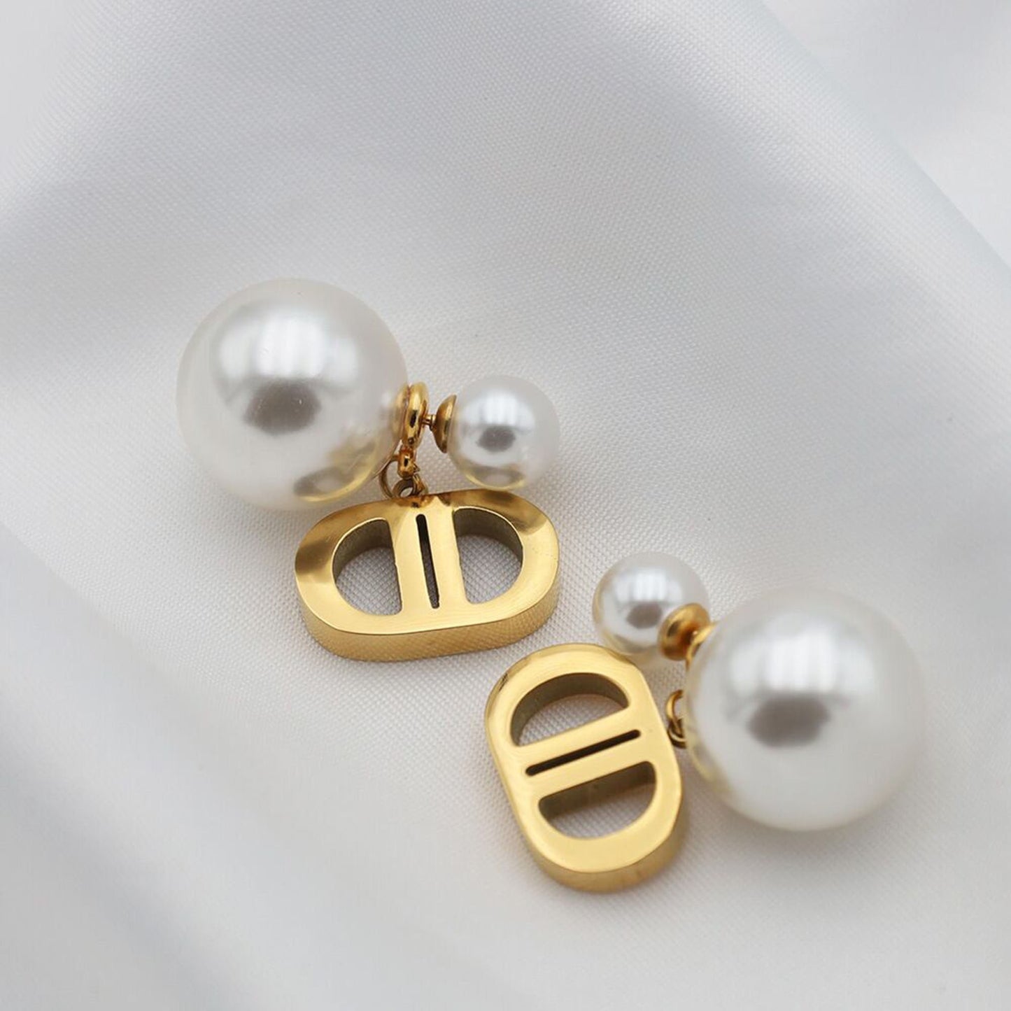 18K Gold Double Side Pearl Earrings,Tarnish Free D Drop Earrings,Double D Earrings,Pearl Stud Earrings,Gifts For Her