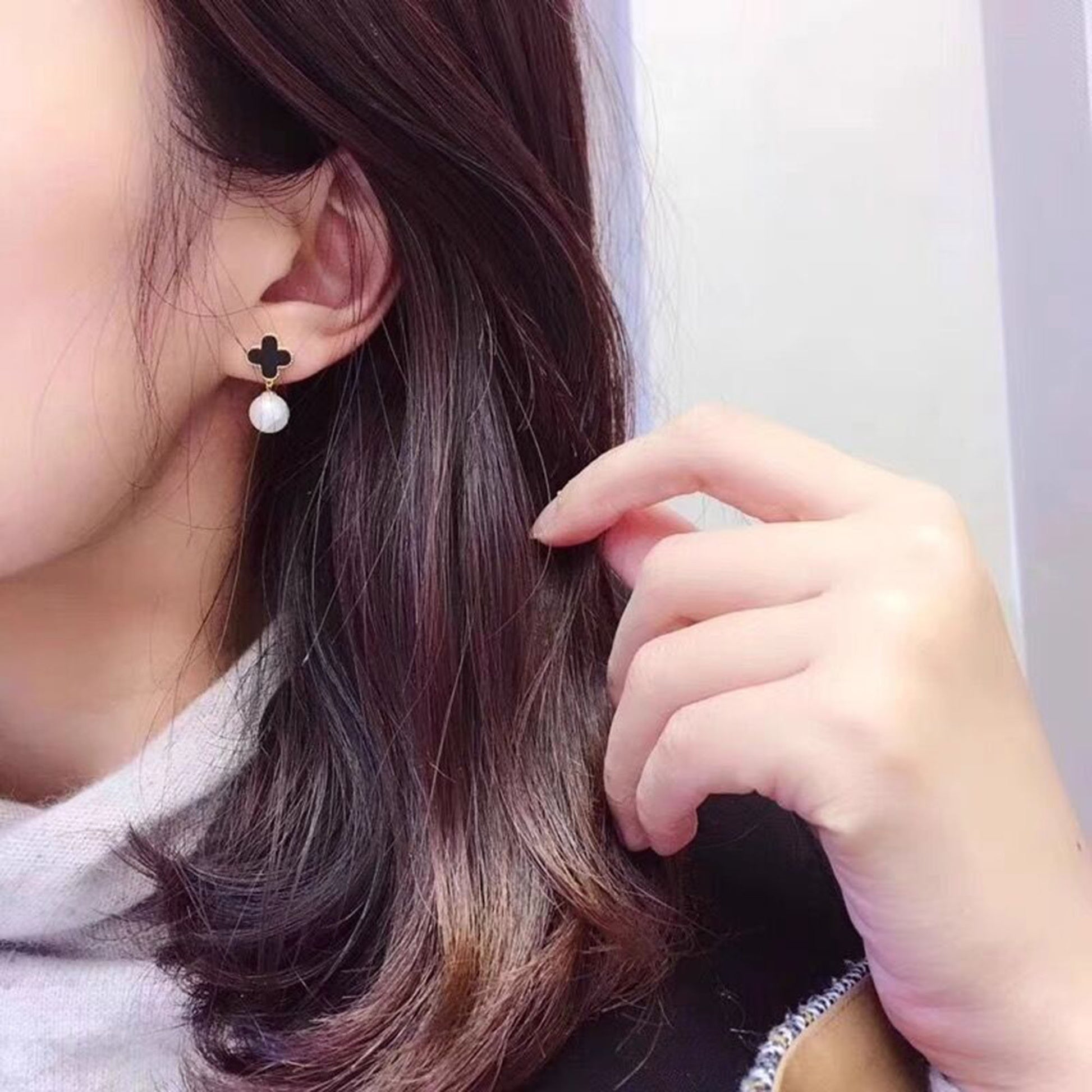 18K Gold Double Side Pearl Earrings,Tarnish Free Double D Drop Earrings,CD Earrings