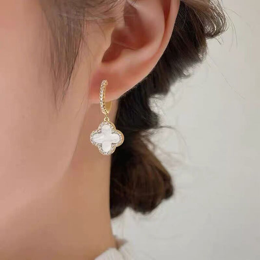 18K Gold Filled CZ Clover Hoop Earrings,Gold White Four Leaf Clover Necklace,Clover Stud Earring,Clover Jewelry Set,Minimalist Earrings