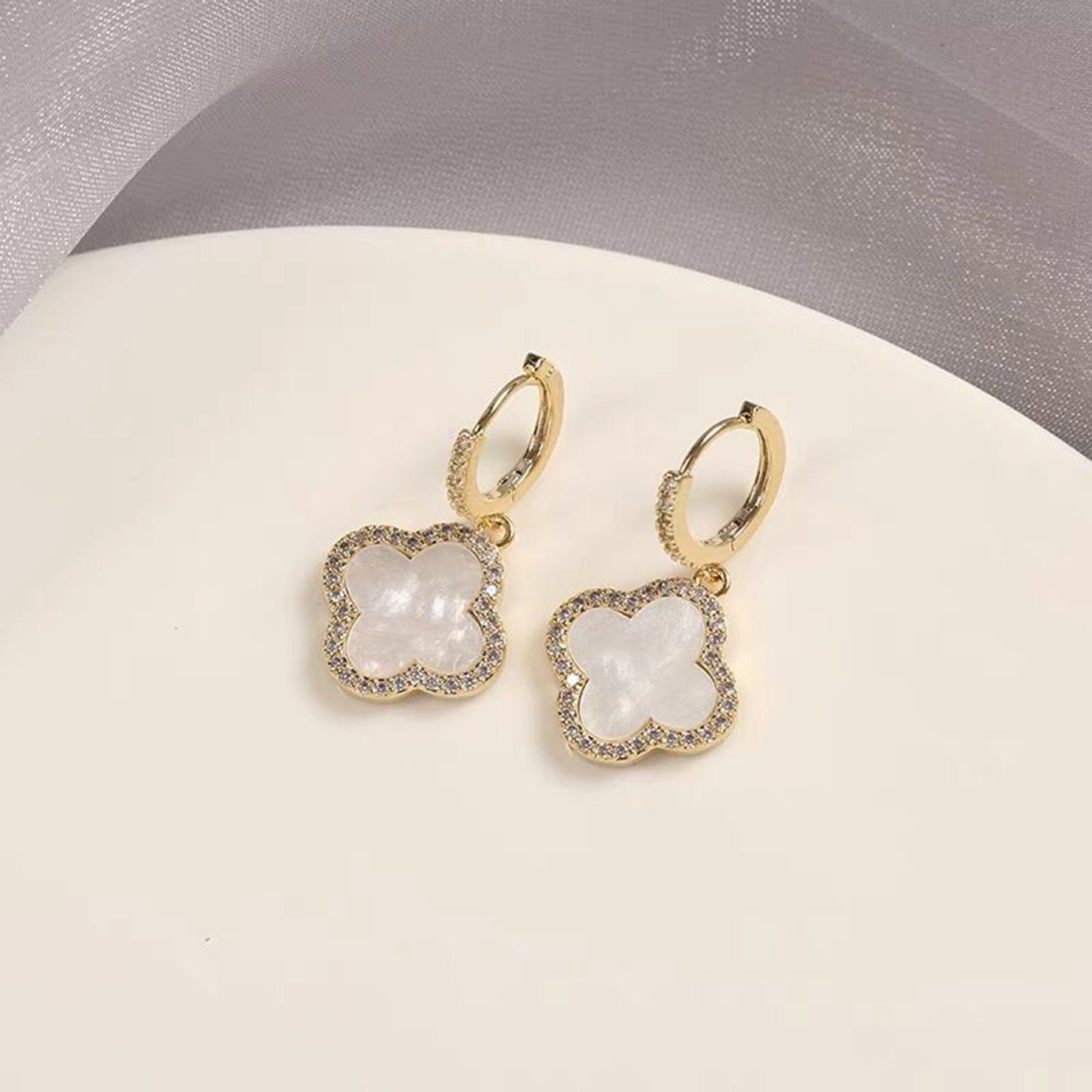 18K Gold Filled CZ Clover Hoop Earrings,Gold White Four Leaf Clover Necklace,Clover Stud Earring,Clover Jewelry Set,Minimalist Earrings