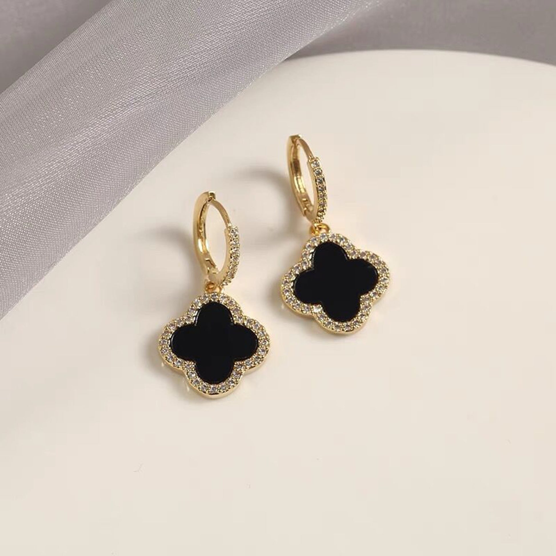 18K Gold Filled CZ Clover Hoop Earrings,Gold White Four Leaf Clover Necklace,Clover Stud Earring,Clover Jewelry Set,Minimalist Earrings