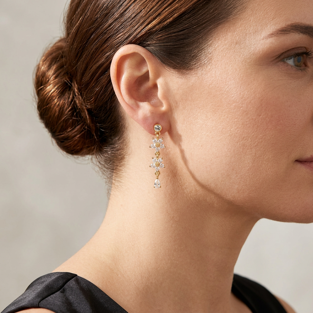 Clear double flower drop earrings worn with a black satin gown