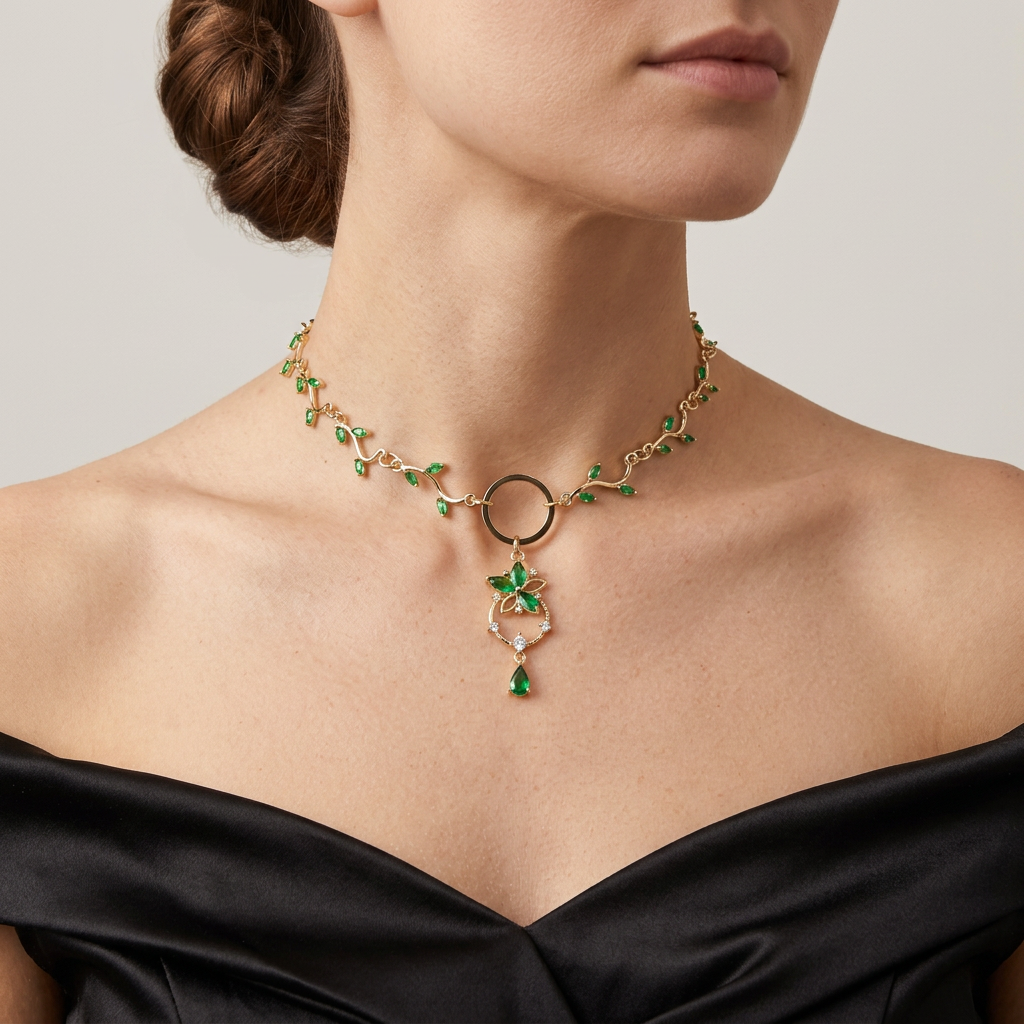 Green leaf vine necklace with central ring, openwork floral charm and small green teardrop worn with a black gown