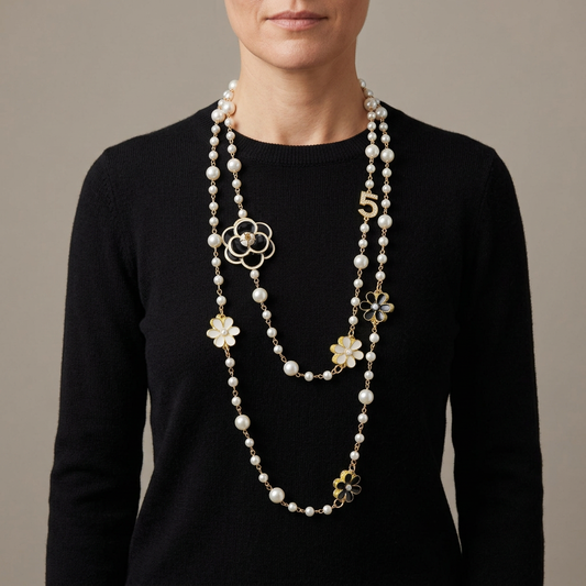 AI-generated model wearing the double-layer camellia pearl necklace, square image