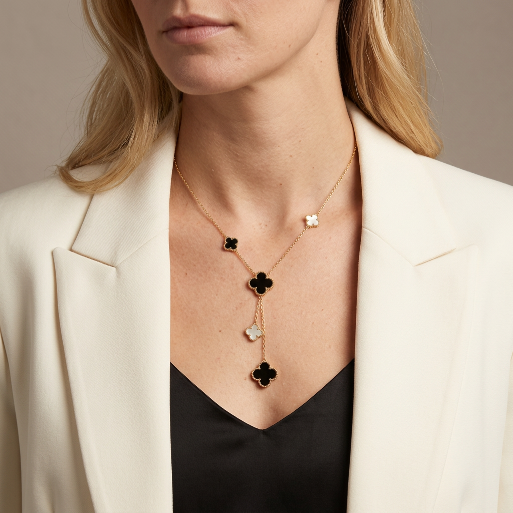 Model in an ivory blazer wearing a gold five-clover lariat necklace with black and white charms.