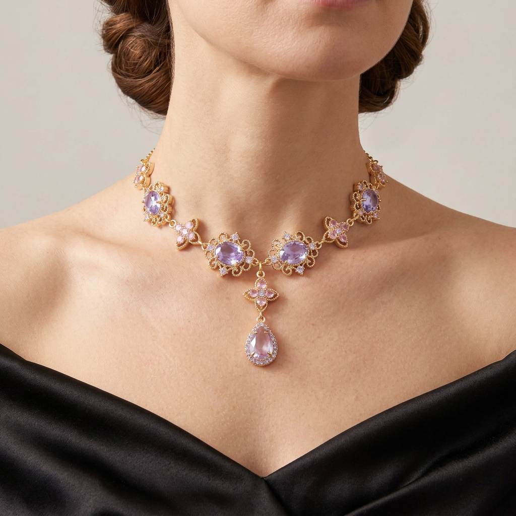 Pink and purple crystal choker with a pale lavender glass teardrop worn with a black satin gown