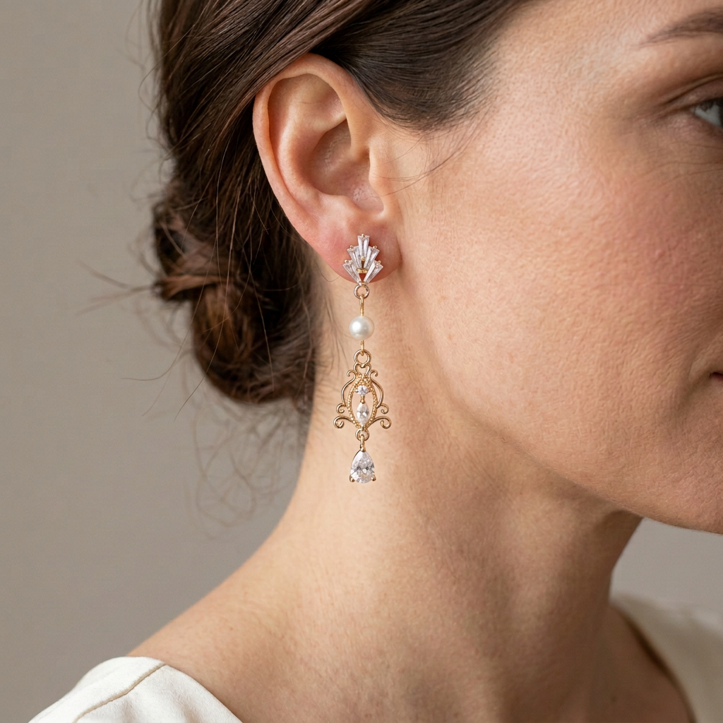 Long gold filigree pearl and clear teardrop earrings worn by a model