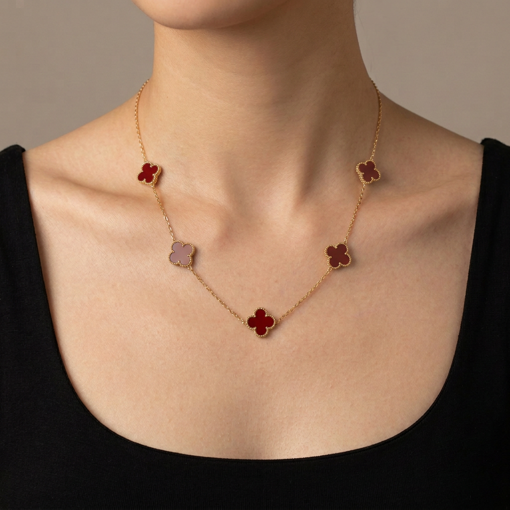 Model wearing a gold necklace with five red clover motifs.