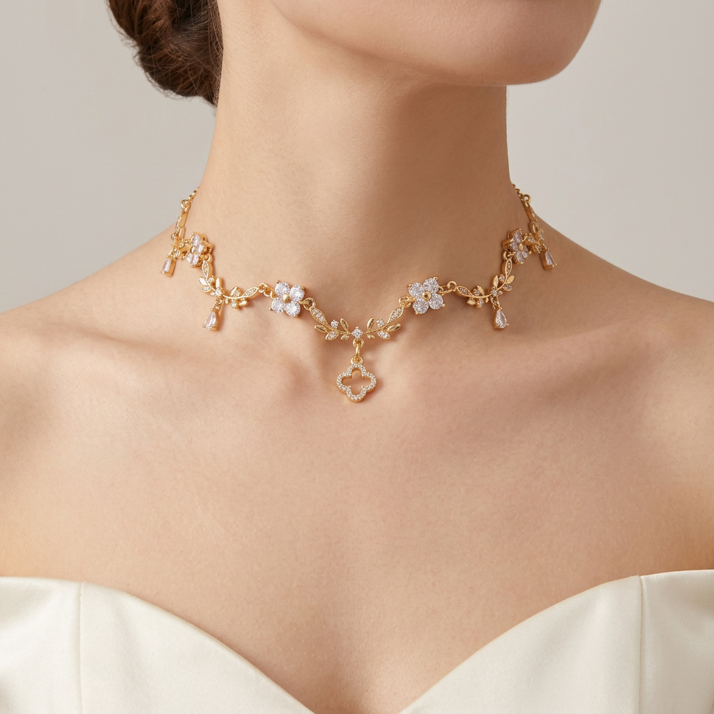 Gold leaf vine crystal clover necklace styled with an ivory evening gown against a warm gray background