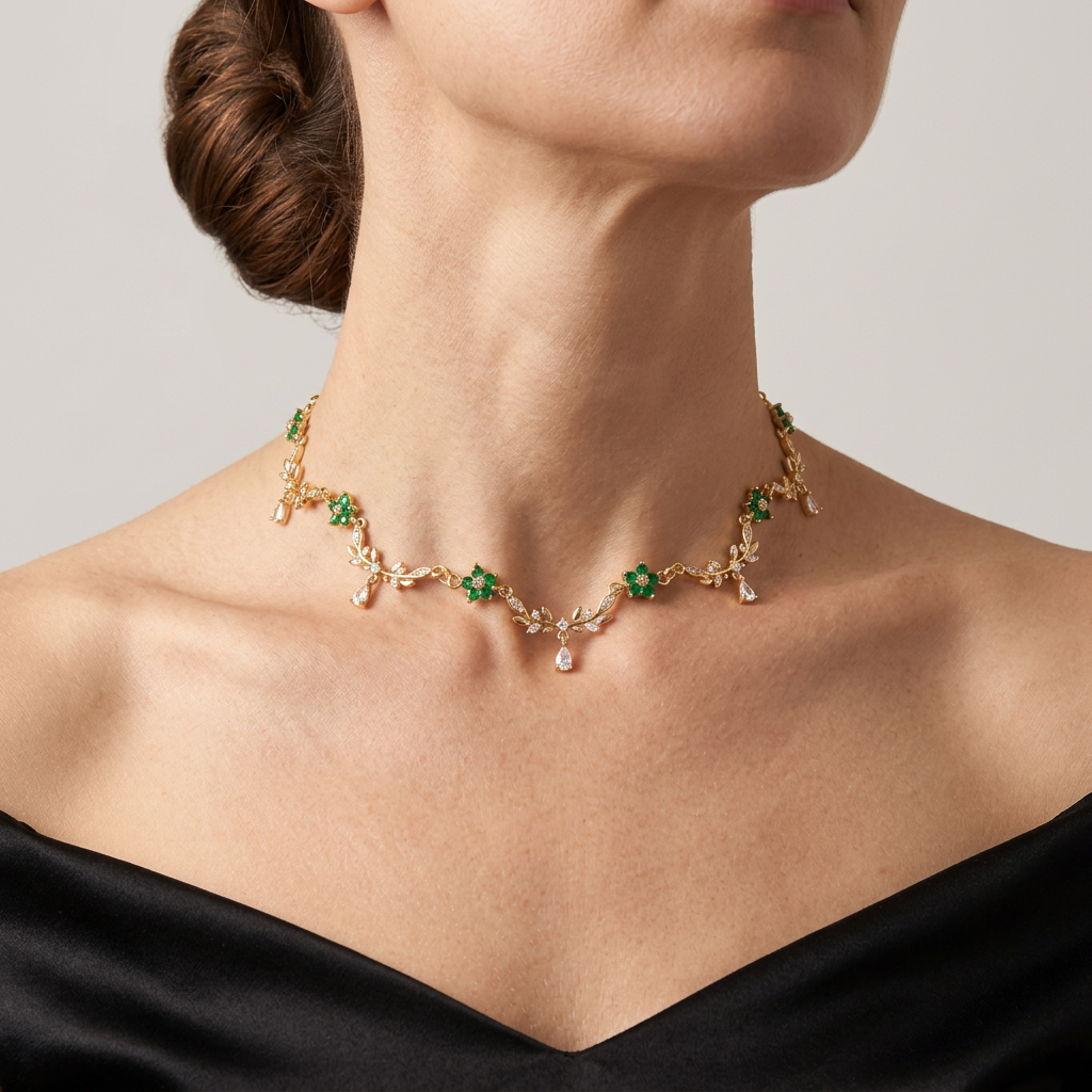 Green flower and gold leaf necklace with clear teardrops worn with a black evening gown