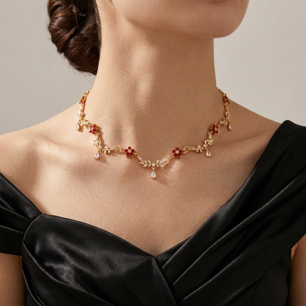 Red flower and gold leaf necklace worn with a black asymmetric satin gown